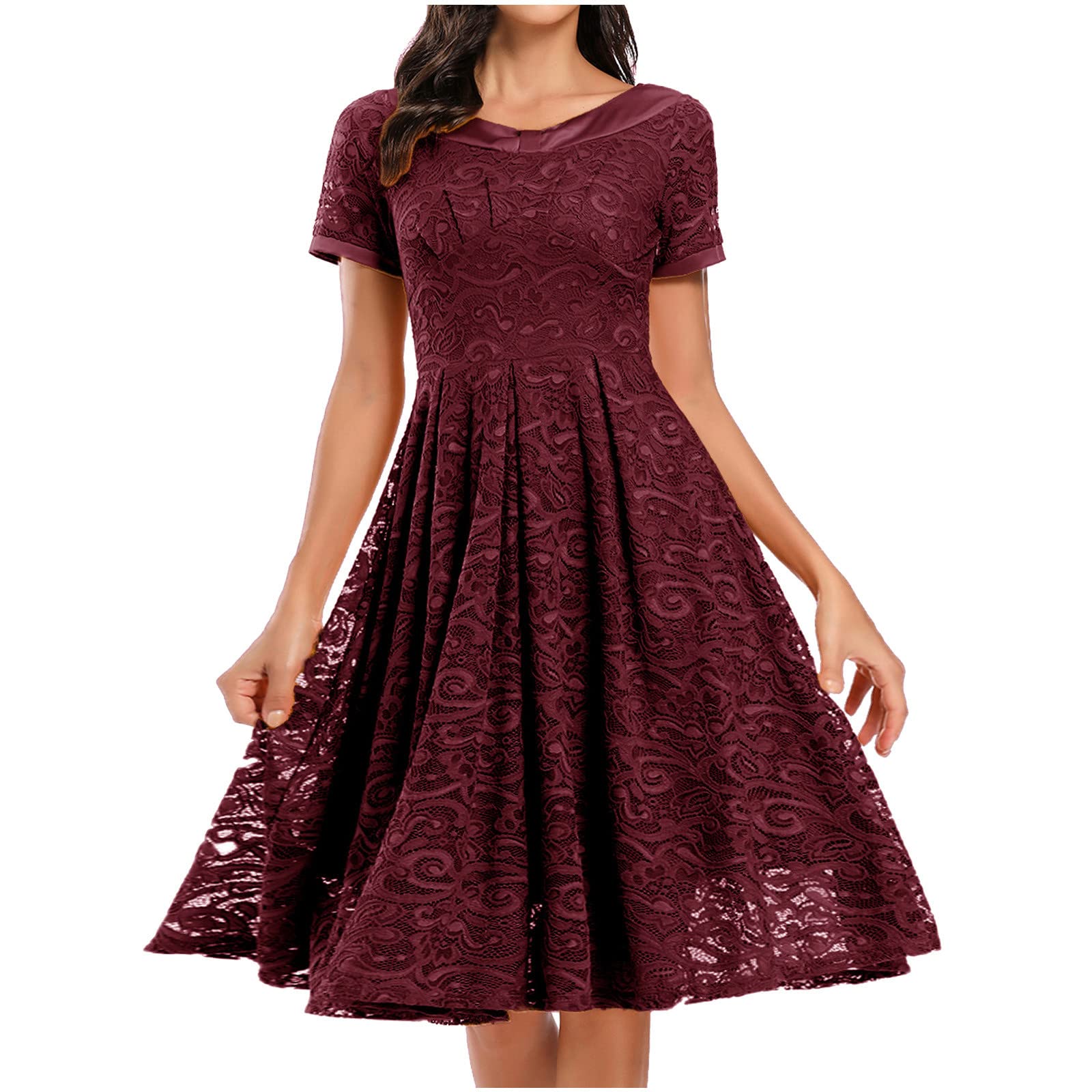 Elegant Women's Formal Evening Party Dress - Floral Lace Round Neck Short Sleeve Cocktail Dress in Solid Colors | Perfect for Weddings, Proms, and Special Occasions