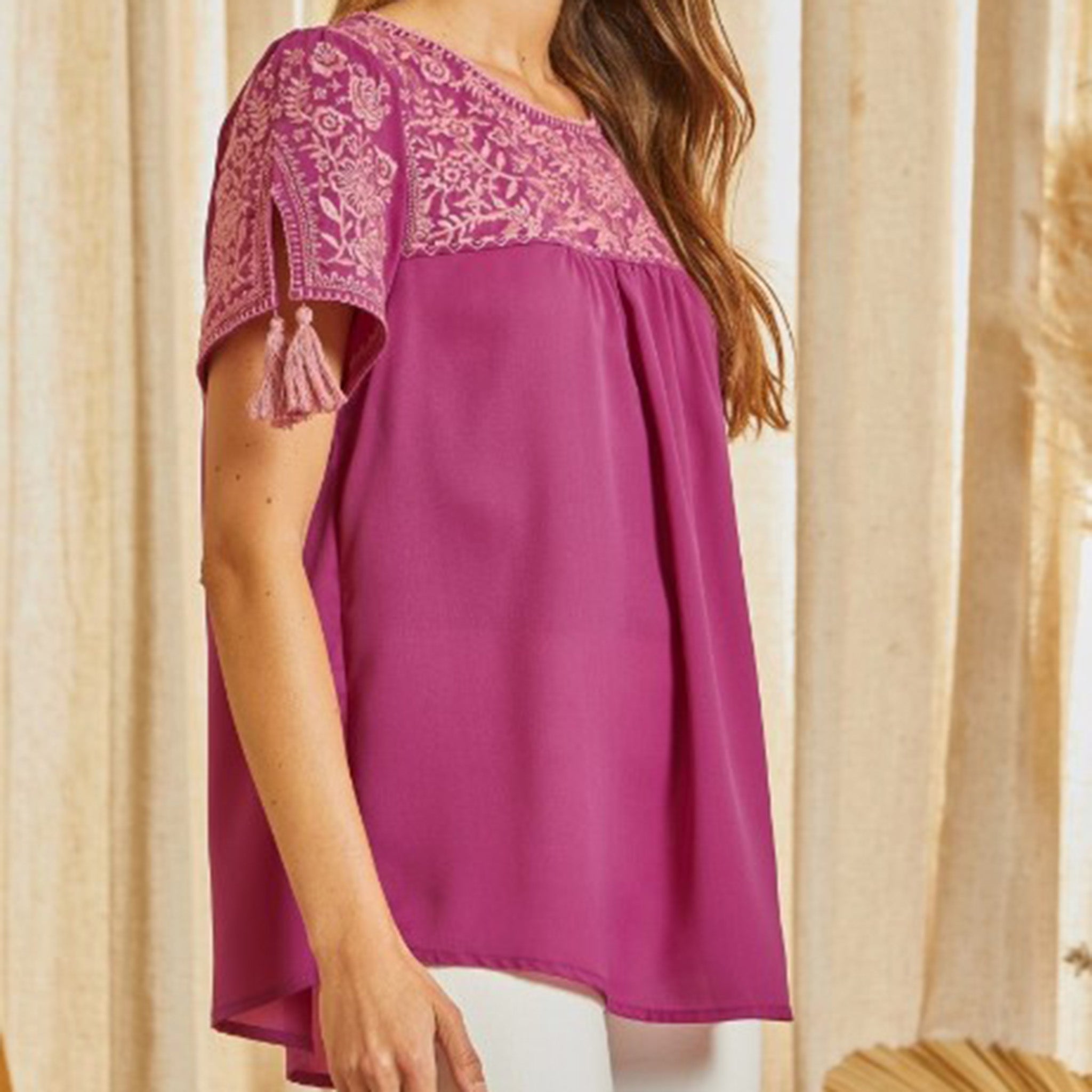 Andree Women's Magenta Embroidered Blouse - Elegant Floral Embroidered Tops for Women, Casual & Party Wear, Perfect for Office, Date Night and Special Occasions