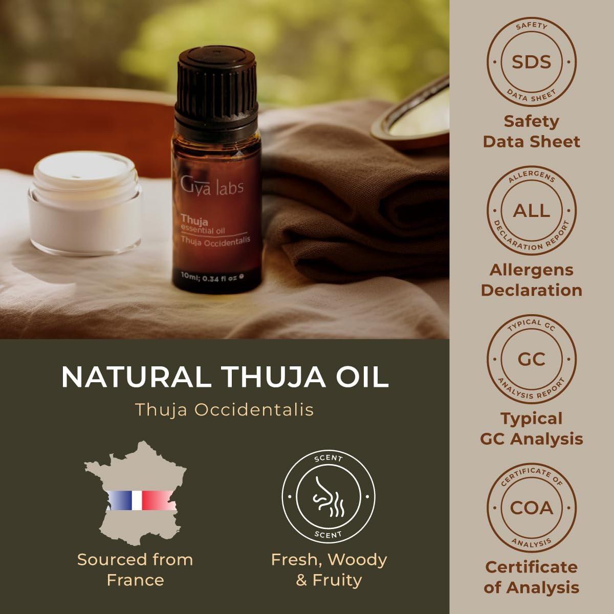 Gya Labs 100% Pure Thuja Essential Oil - 0.34 Fl Oz Natural Wood Oil for Aromatherapy, Diffuser, Hair Care & Candle Making - Camphor Scent for Relaxation & Stress Relief - Perfect for Spa, Yoga & Home Fragrance