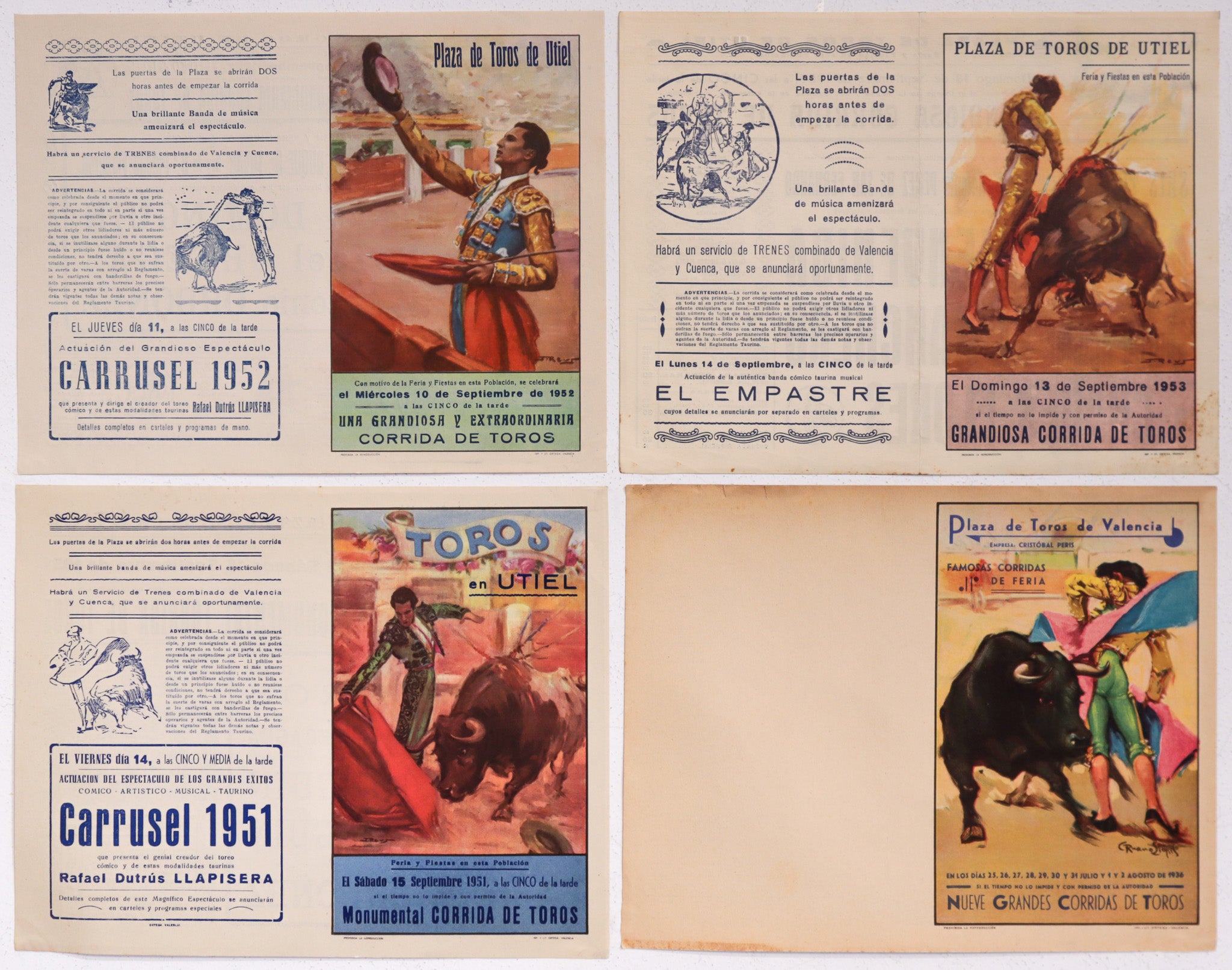 Vintage 1950s Spanish Bullfighting Poster Set of 4 - Plaza de Toro Valencia Art Prints - Classic Bullfight Decor for Home, Office & Man Cave Wall Art
