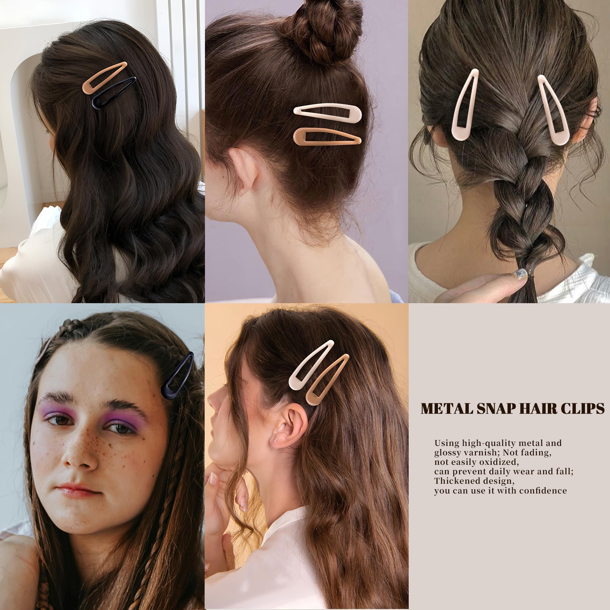 Premium Metal Snap Hair Clips - No Slip Water Drop Hair Barrettes for Women (Black, Brown, Beige) - 12 PCS Set for Thick & Thin Hair (2.67 x 0.7 Inches) - Perfect for Work, Weddings & Everyday Styling