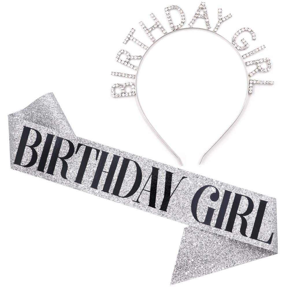 Birthday Girl Sash & Rhinestone Headband Set - Sparkling Birthday Party Accessories for Women (Silver Glitter/Black) - Perfect for Bachelorette Parties, Birthday Celebrations & Special Occasions