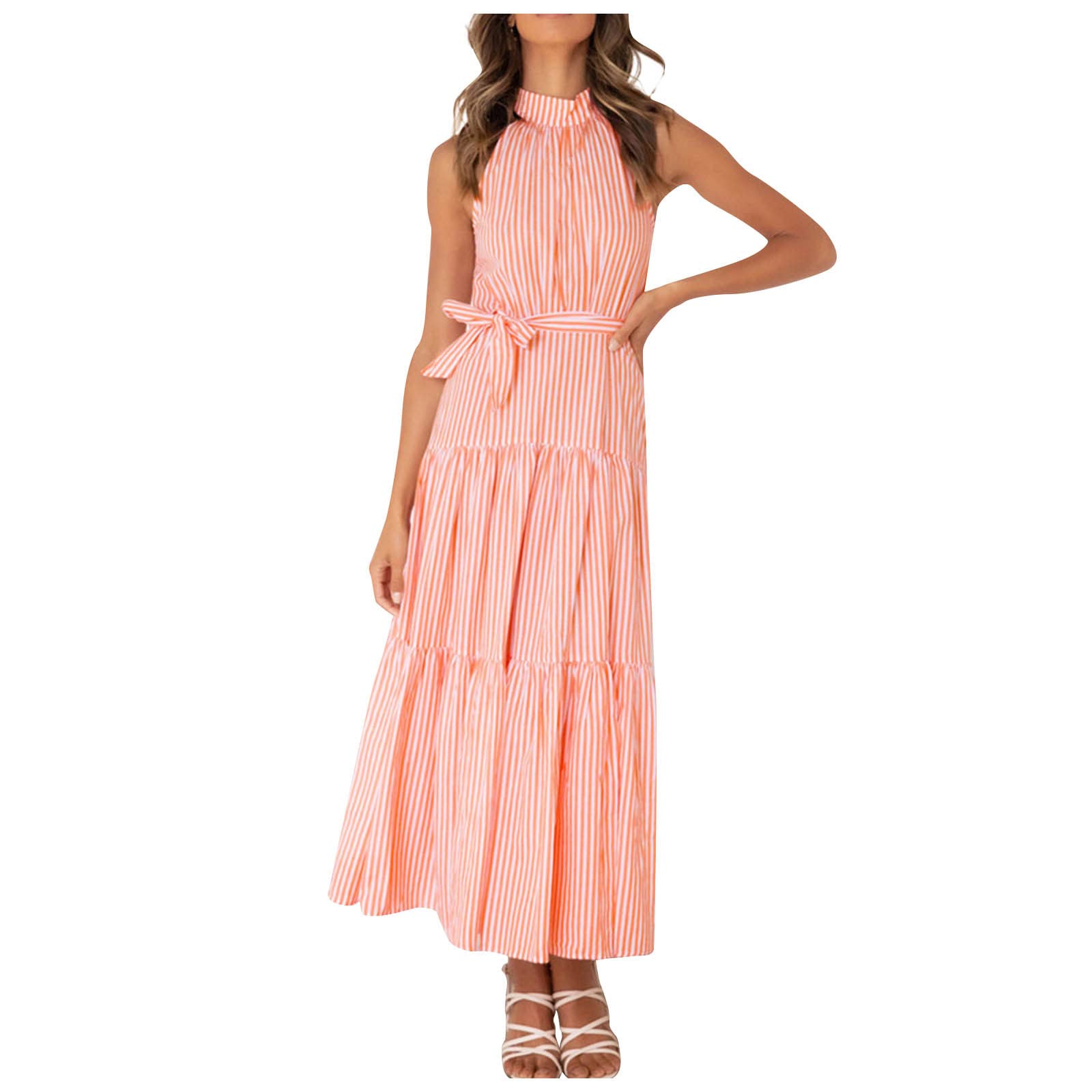 Basysin Women's Striped Sleeveless Summer Dress - Elegant Flowy Hem Long Dress for Casual & Sexy Spring Outfits | Perfect for Beach Vacations, Date Nights & Summer Parties