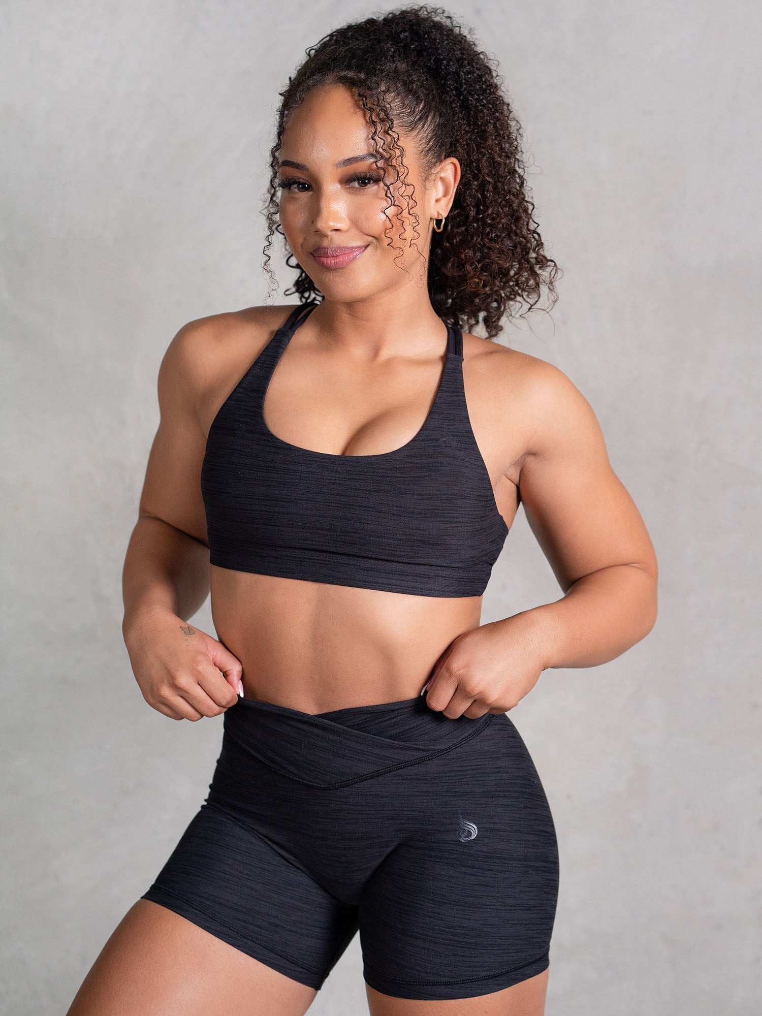 Icon Cross Over Scrunch Shorts for Women - High Waisted Yoga Running Workout Shorts - Black Marl - Perfect for Gym, Lounge & Summer Activities