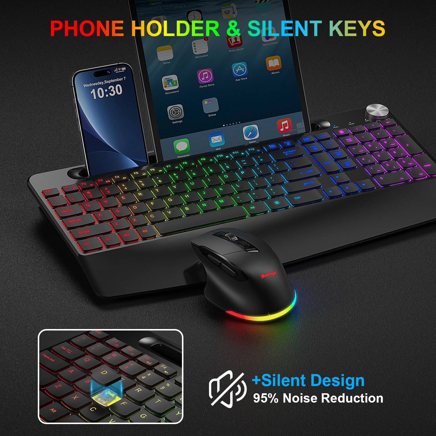 BlueFinger Wireless Keyboard Mouse Combo - Backlit, Rechargeable, Ergonomic for Gaming & Office Use