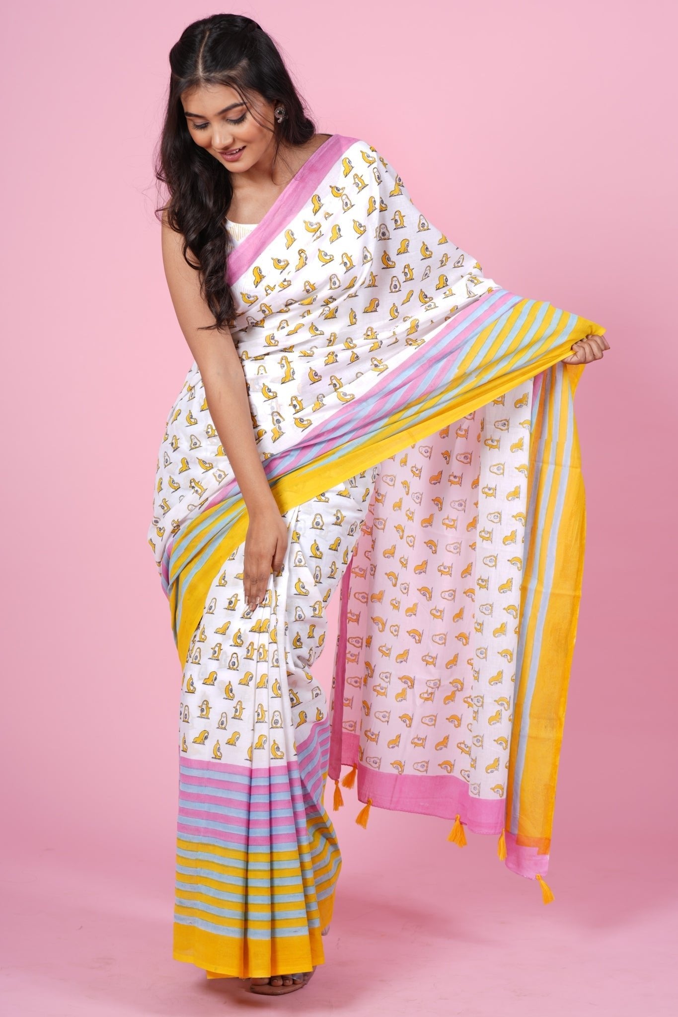 Little Yellow Penguins Handblock Print Mul Cotton Saree - Elegant Traditional Indian Wear for Parties, Weddings & Festive Occasions