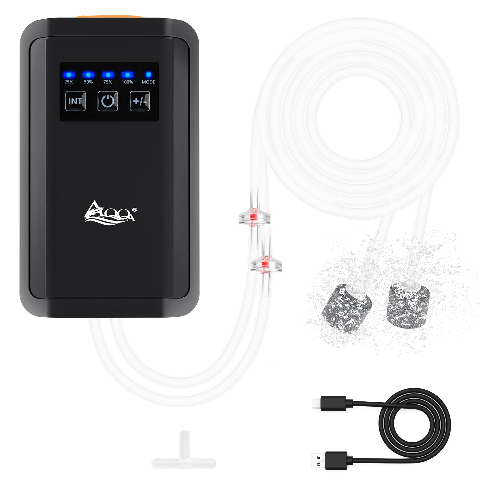 **AQQA Quiet Rechargeable Aquarium Air Pump - 5W 150GPH Battery Operated Fish Tank Oxygen Aerator with Dual Outlets, Air Stones & Tube - Perfect for Home, Office, or Outdoor Fish Tanks**