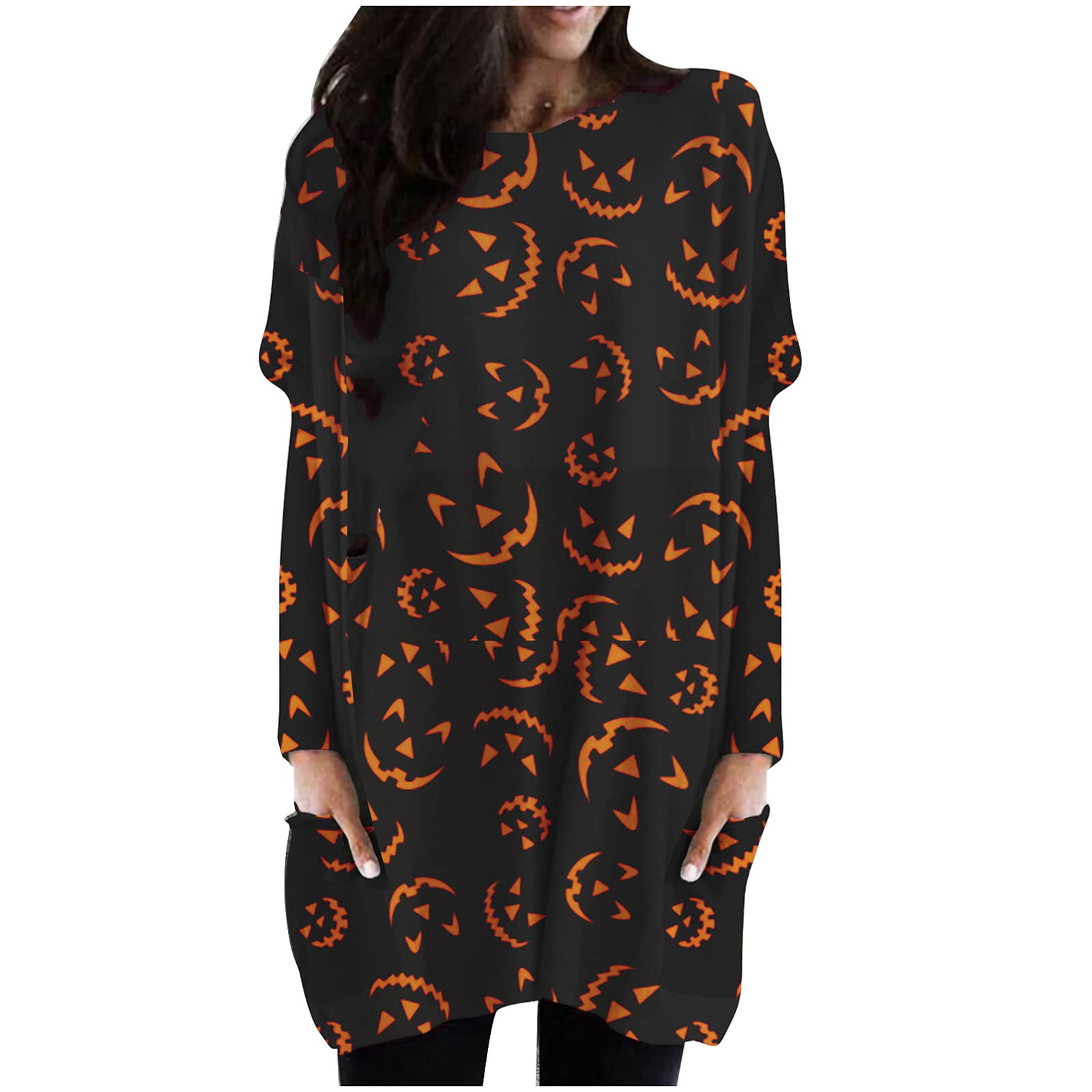 Twoker Women's Halloween Printed Dress - Long Sleeve Round Neck Pullover with Pockets | Casual Summer Dress for Parties, Costume Events & Everyday Wear
