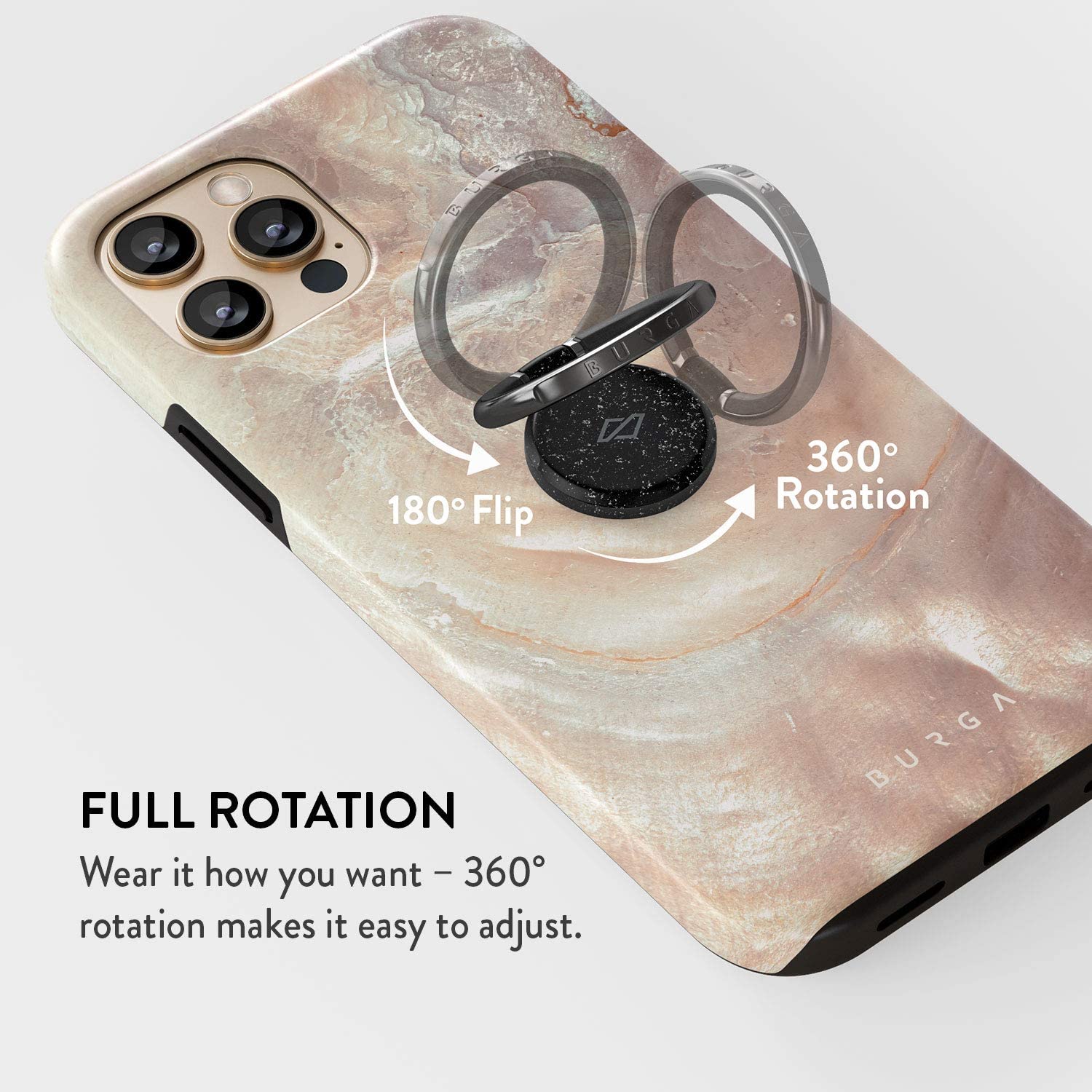 BURGA iPhone 13 PRO Case with Metal Ring Stand Holder - 360° Rotation, Shockproof, Heavy Duty, Fashionable Almond Latte Design for Girls - Perfect for Work, Travel, and Everyday Use
