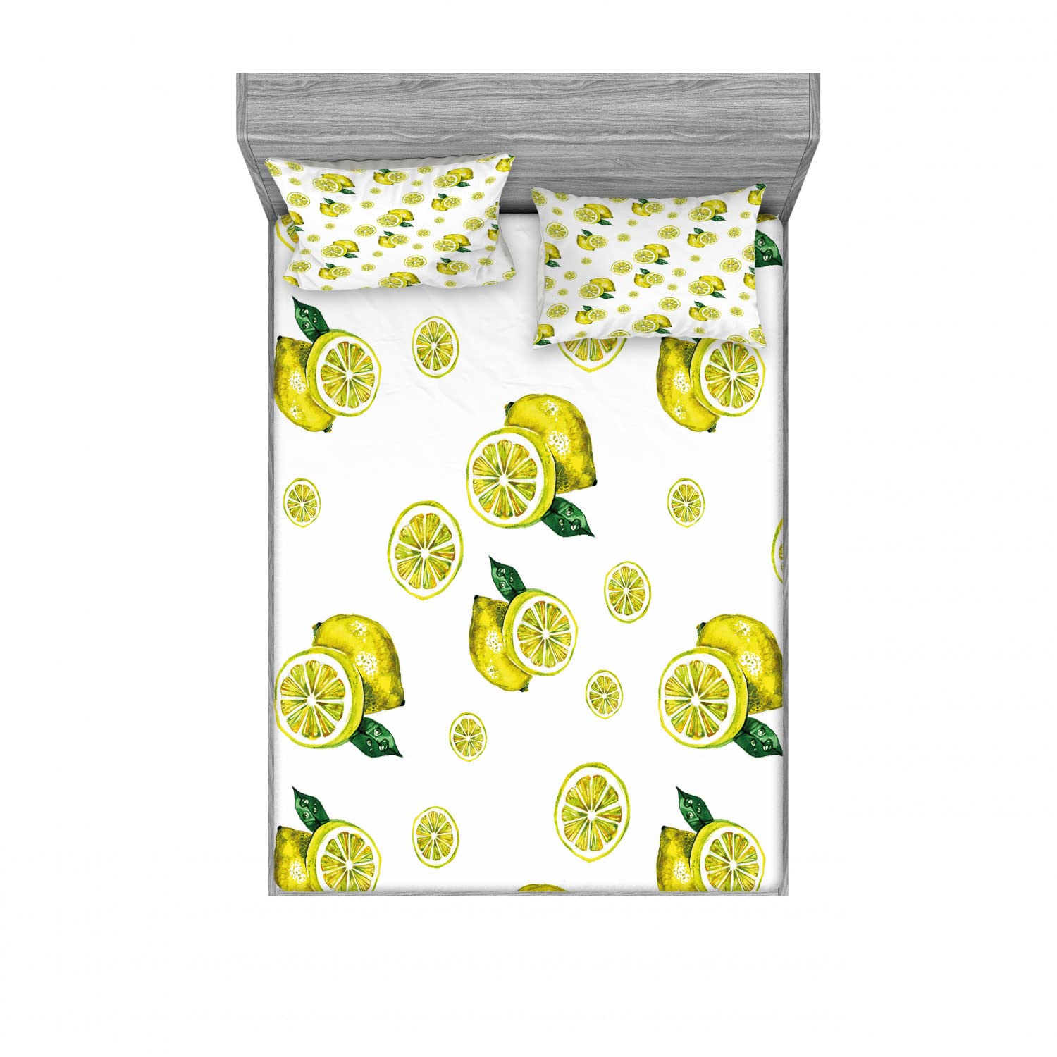 Ambesonne 2-Pack Queen Size Fitted Sheet & Pillow Sham Set - Lemon Slices Leaves Design, 4-Piece Bedding Set in Yellow & Hunter Green | Kitchen Decor, Guest Room Essentials, Cozy Bedroom Upgrade