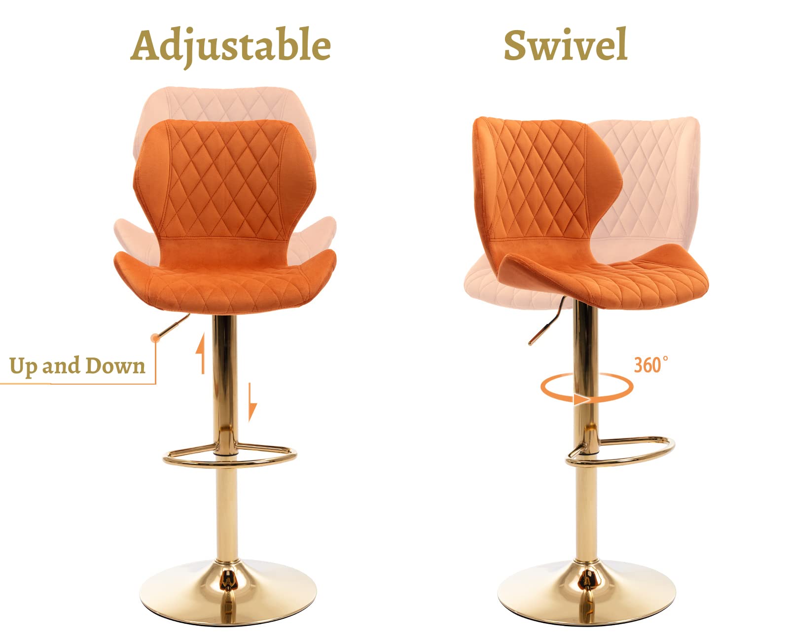 EALSON Set of 4 Velvet Swivel Bar Stools with Backrest & Gold Base - Adjustable Counter Height Kitchen Island Stools for Home Bar, Dining Room & Breakfast Nook - Modern Orange Bar Chairs for Entertaining & Casual Dining