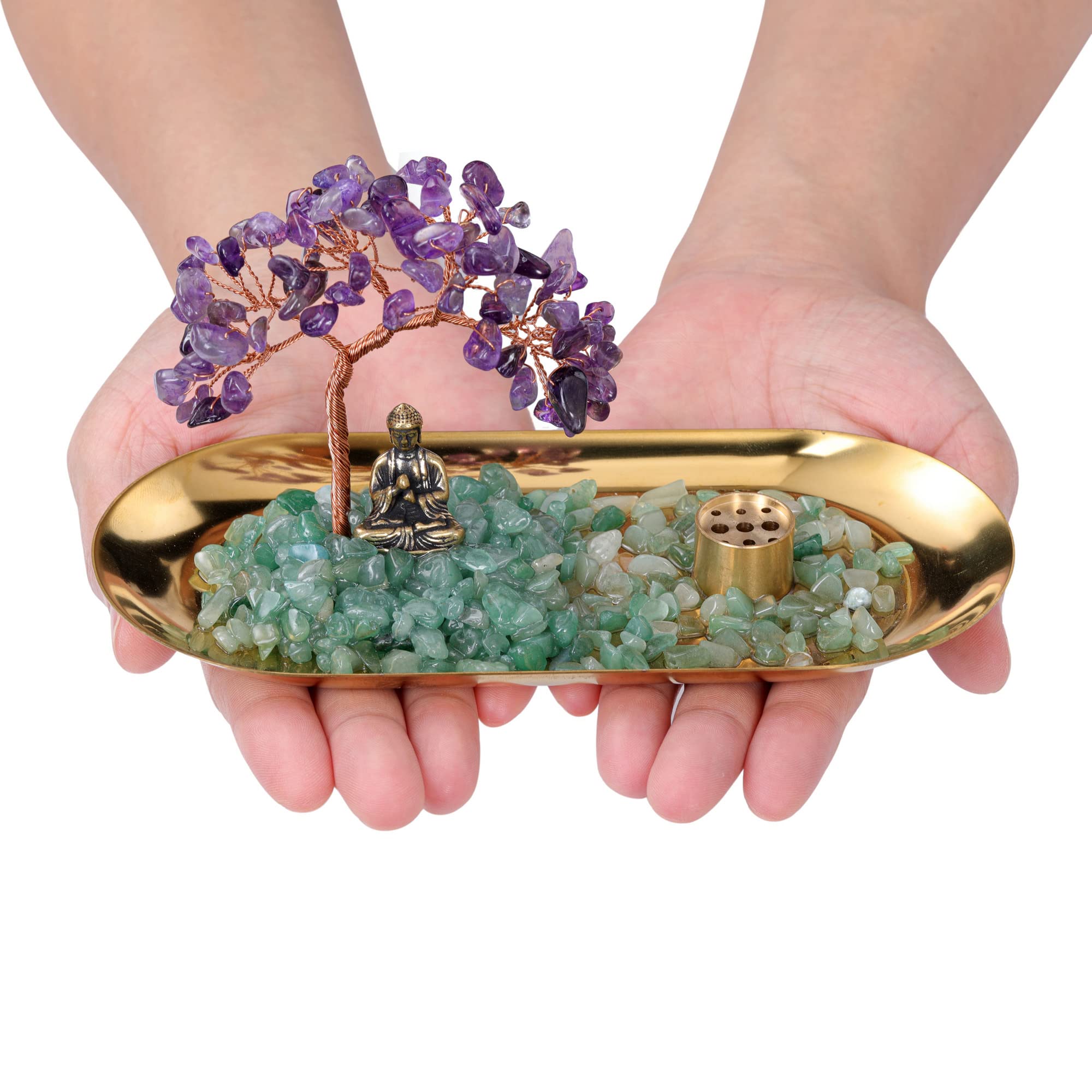 Natural Raw Amethyst Geode & Healing Crystal Money Tree Set - 2-Piece Spiritual Decor Bundle with Amethyst Clusters & Buddha Statue Incense Burner for Home Meditation, Feng Shui & Positive Energy