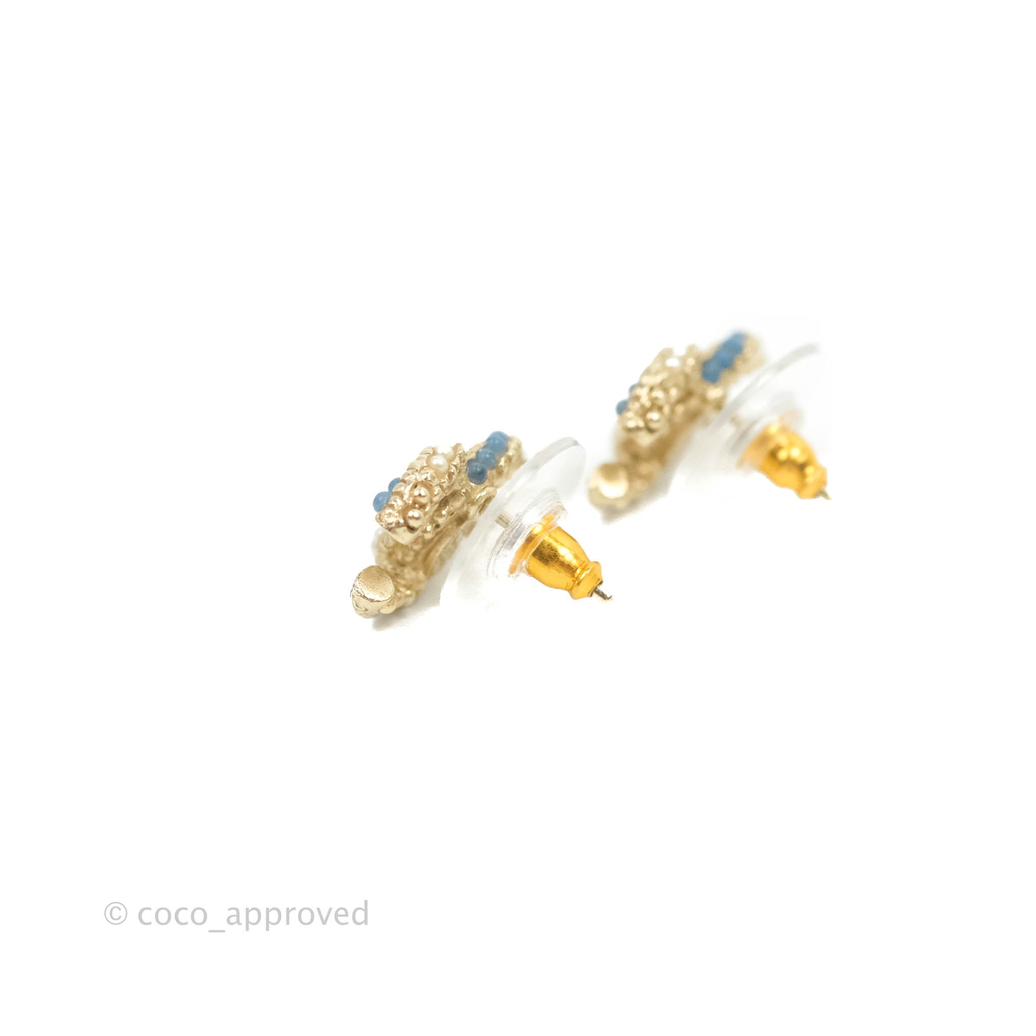 Chanel CC Pearl Blue Resin Earrings Gold Tone 18P - Elegant Fashion Jewelry for Women, Perfect for Parties, Weddings & Special Occasions