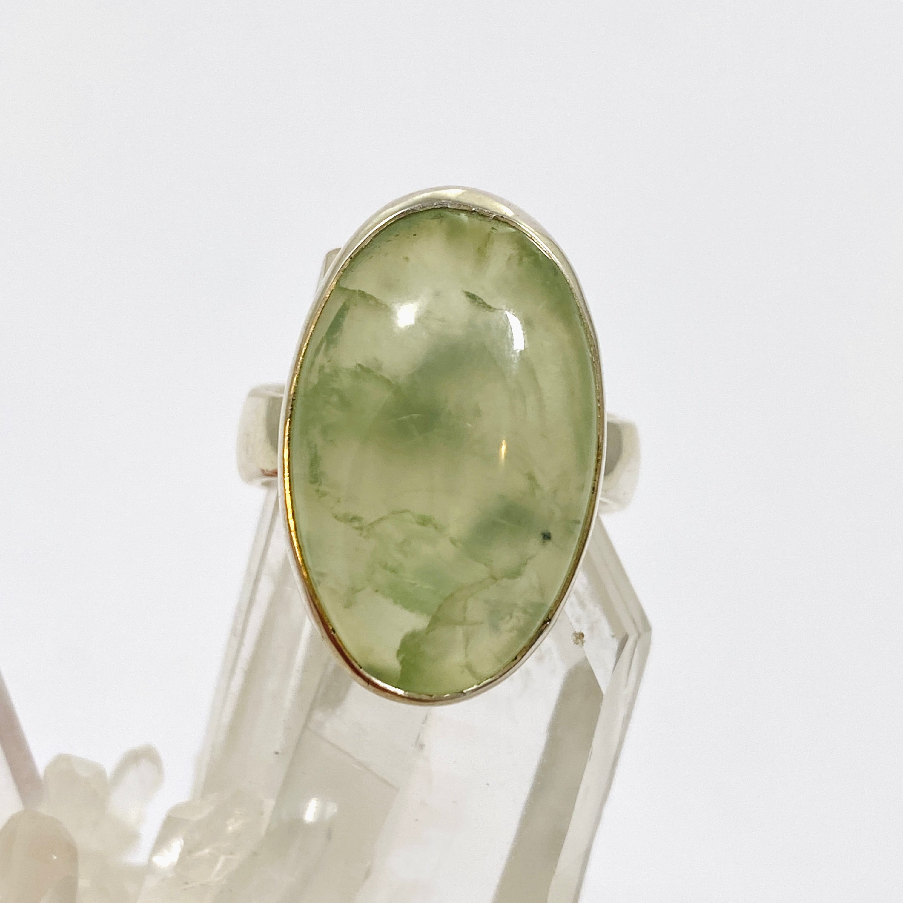 Prehnite Oval Cabochon Ring - Size 8 Sterling Silver Jewelry KRGJ3355 | Perfect for Boho Chic Outfits & Spiritual Healing