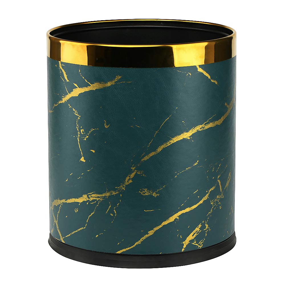2.6 Gallon Small Office Trash Can with Lid - Bathroom & Bedroom Waste Basket - Green Gold Marble Garbage Bin for Living Room, Kitchen, Dorm - Includes Invisible Trash Bags (Perfect for Home, Office & Commercial Spaces)