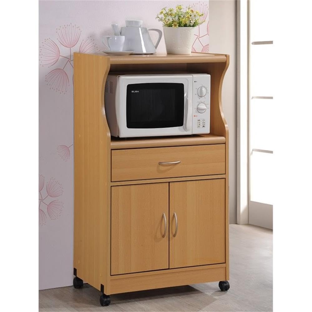HODEDAH Beech Microwave Cart with Storage Drawer, 2 Doors & Shelf - Compact Kitchen Organizer for Small Spaces, Apartments & Dorm Rooms