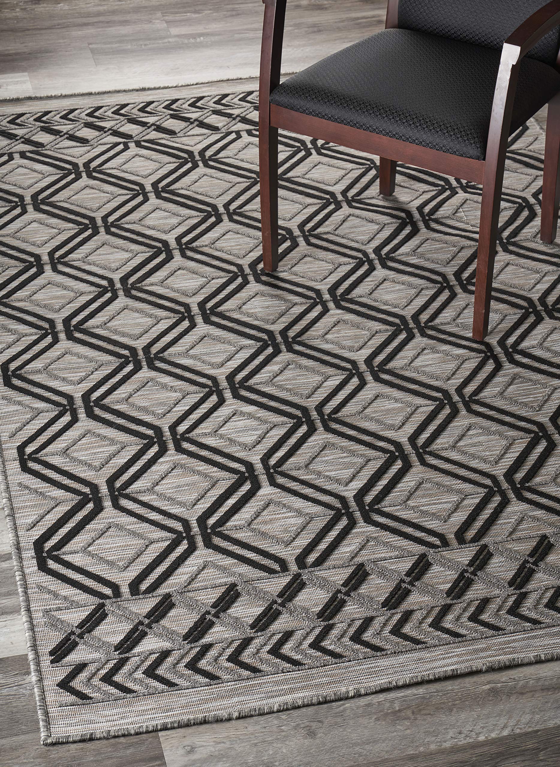 LR Home Geometric Daze Indoor Outdoor Area Rug 5x7 Feet - Modern Black Cream Tan Abstract Pattern - Perfect for Living Room, Bedroom, Patio & Deck Decor