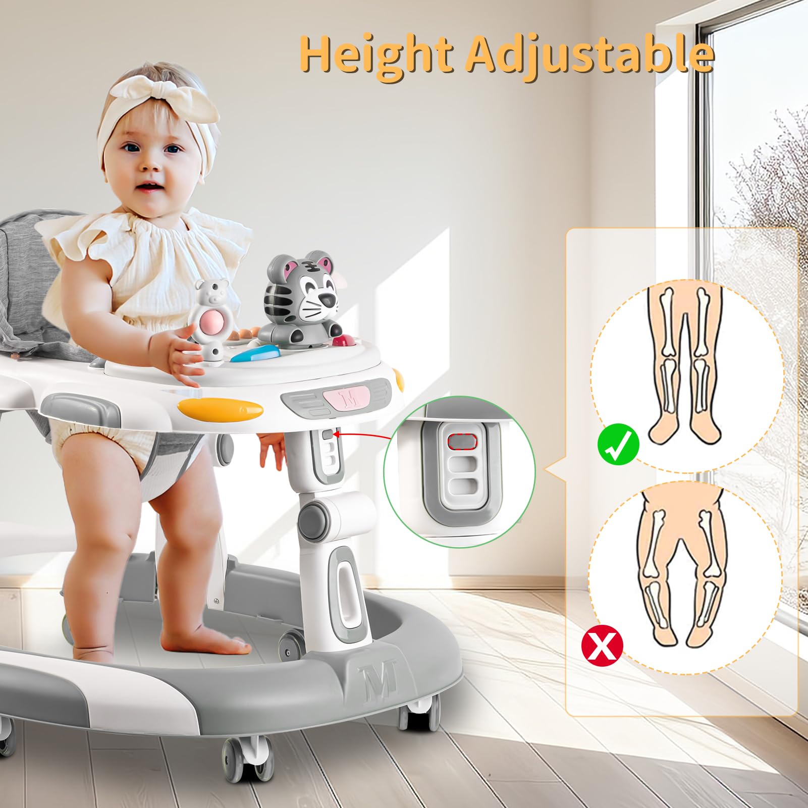 4-in-1 Foldable Baby Walker & Activity Center with Toy Tray - 3-Level Height Adjustable Infant Walker with Wheels for Boys & Girls 6-24 Months (Grey) - Perfect for Learning to Walk, Playtime & Indoor Activities