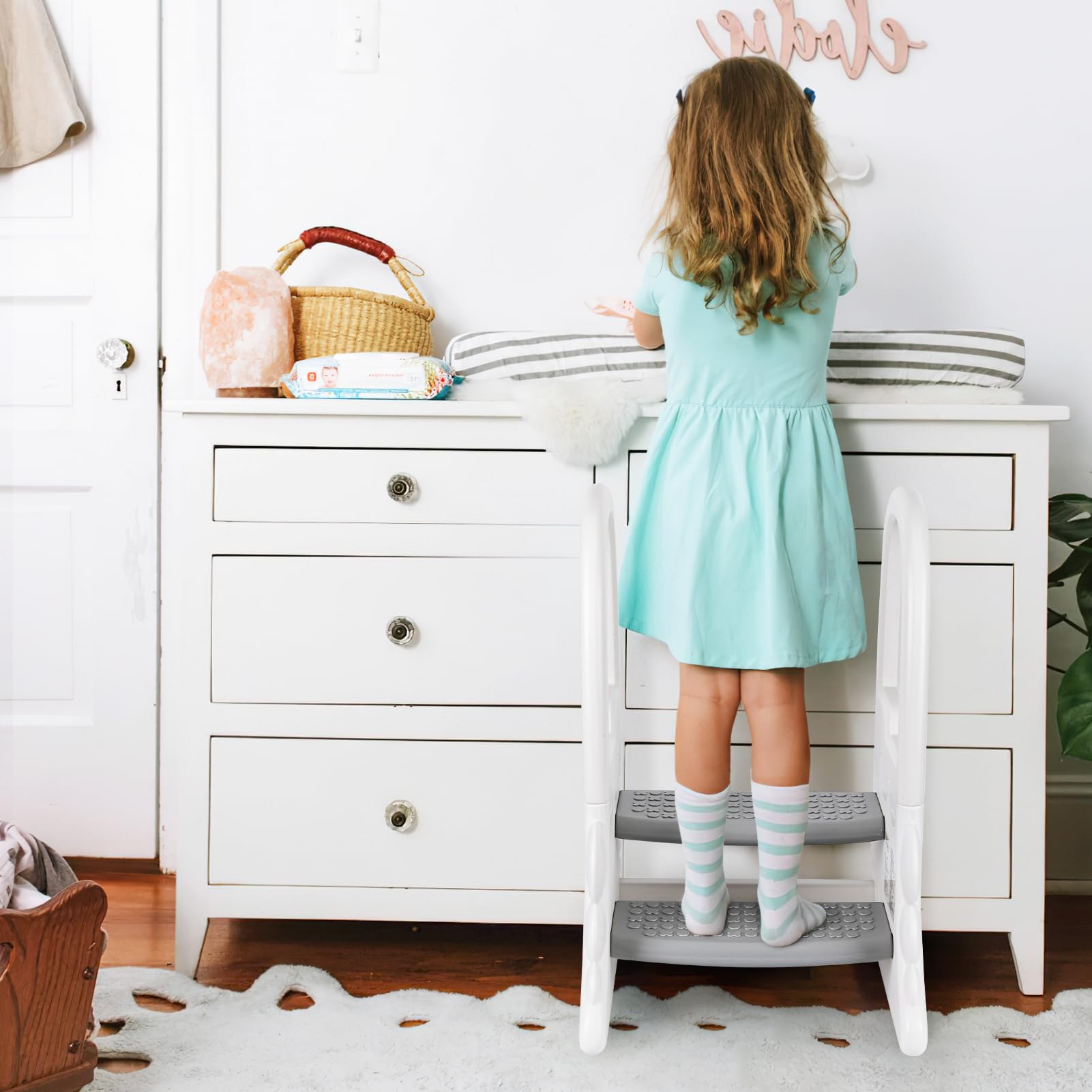 GARVEE 2 Step Stool with Handles for Kids - Anti-Slip Sturdy Toddler Step Stool for Potty Training, Bathroom & Kitchen - Safe Standing Helper for Children (Grey) - Perfect for Toilet Training, Washing Hands & Reaching Countertops