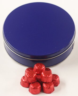 Premium Scott's Cakes Foil-Wrapped Solid Milk Chocolate Red Croquettes in Mini Blue Tin - Perfect for Gifts, Party Favors & Holiday Treats