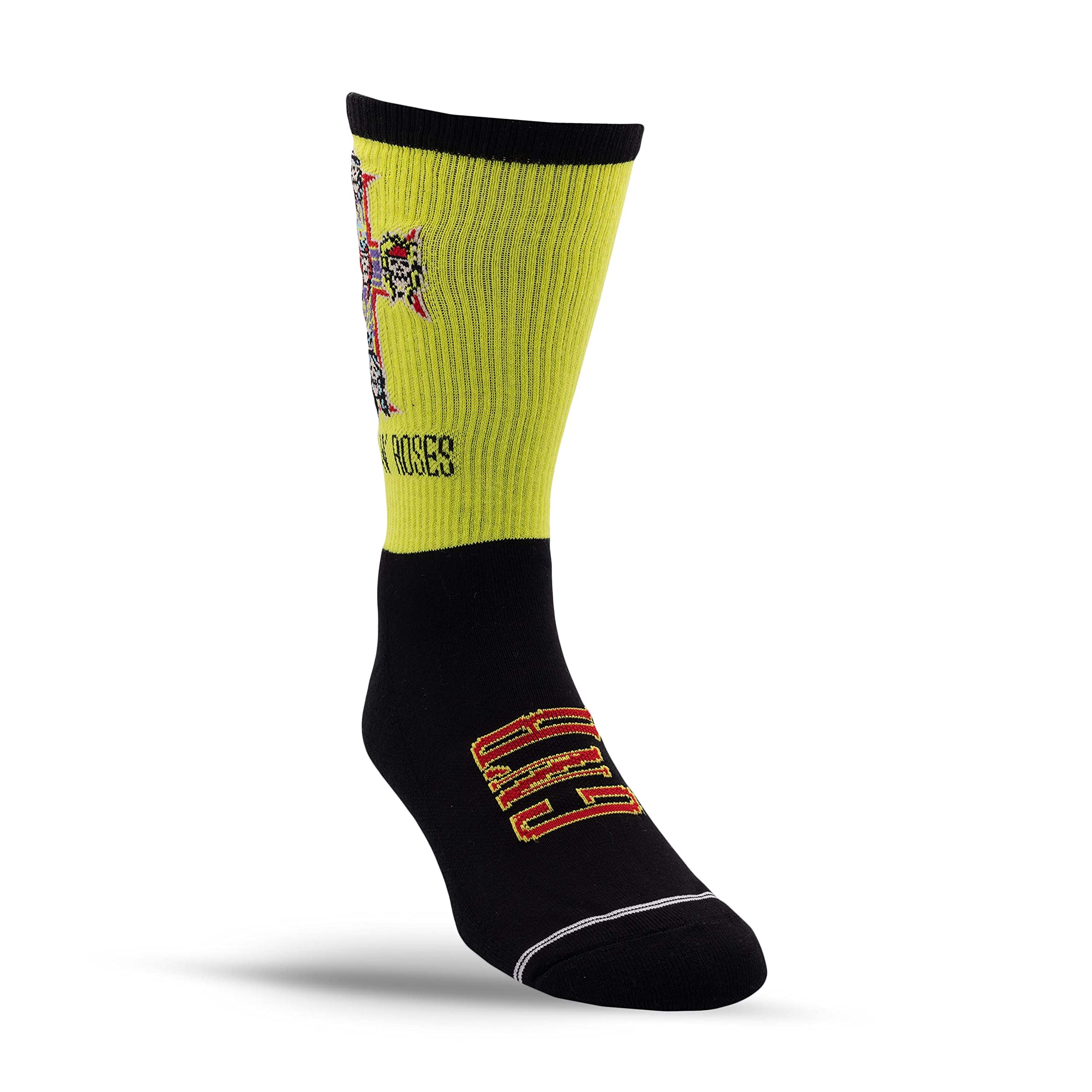 PERRI'S SOCKS - Officially Licensed Guns N' Roses Appetite for Destruction Crew Socks | Rock Band Novelty Socks for Men & Women | Cushioned Comfort Yellow Large Size | Perfect for Concerts, Gifts & Rock Music Fans (GRA302-700-L)