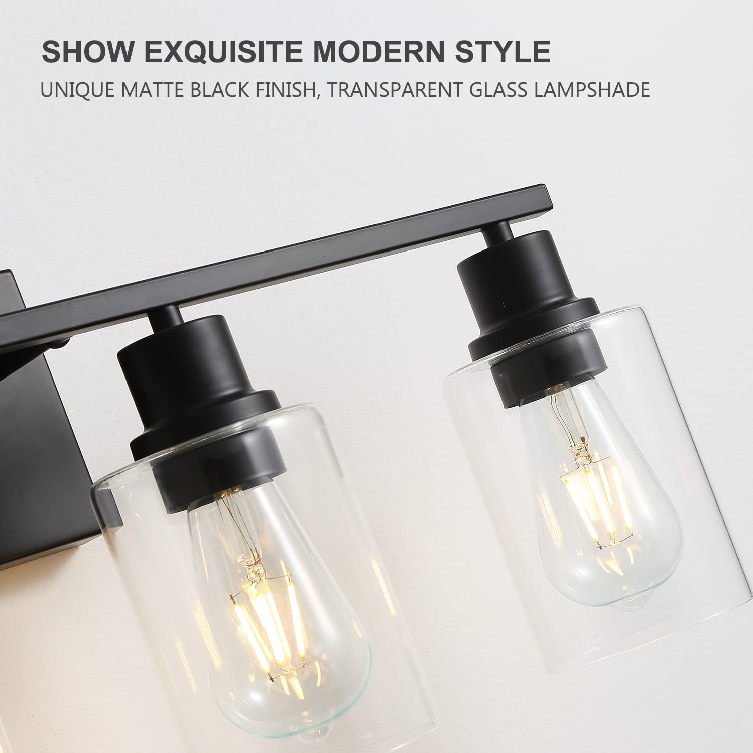 4-Light Matte Black Bathroom Vanity Light Fixture with Clear Glass Shade - Wall Sconce for Bathroom, Hallway, Farmhouse Bedroom & Living Room Lighting