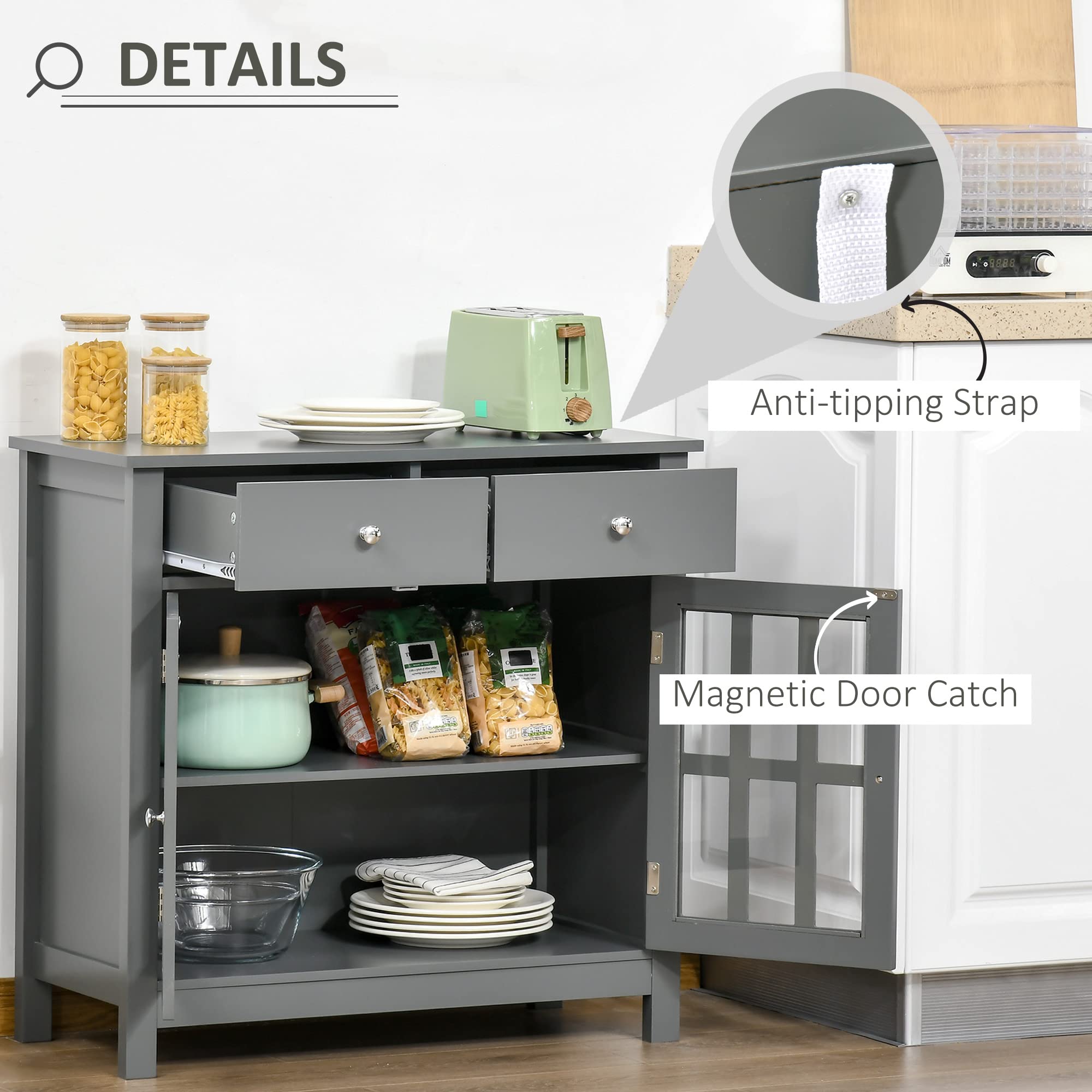 HOMCOM Sideboard Buffet Cabinet with Glass Doors - Kitchen Storage Cabinet with Adjustable Shelf & 2 Drawers - Gray Accent Furniture for Dining Room, Living Room, or Kitchen Organization
