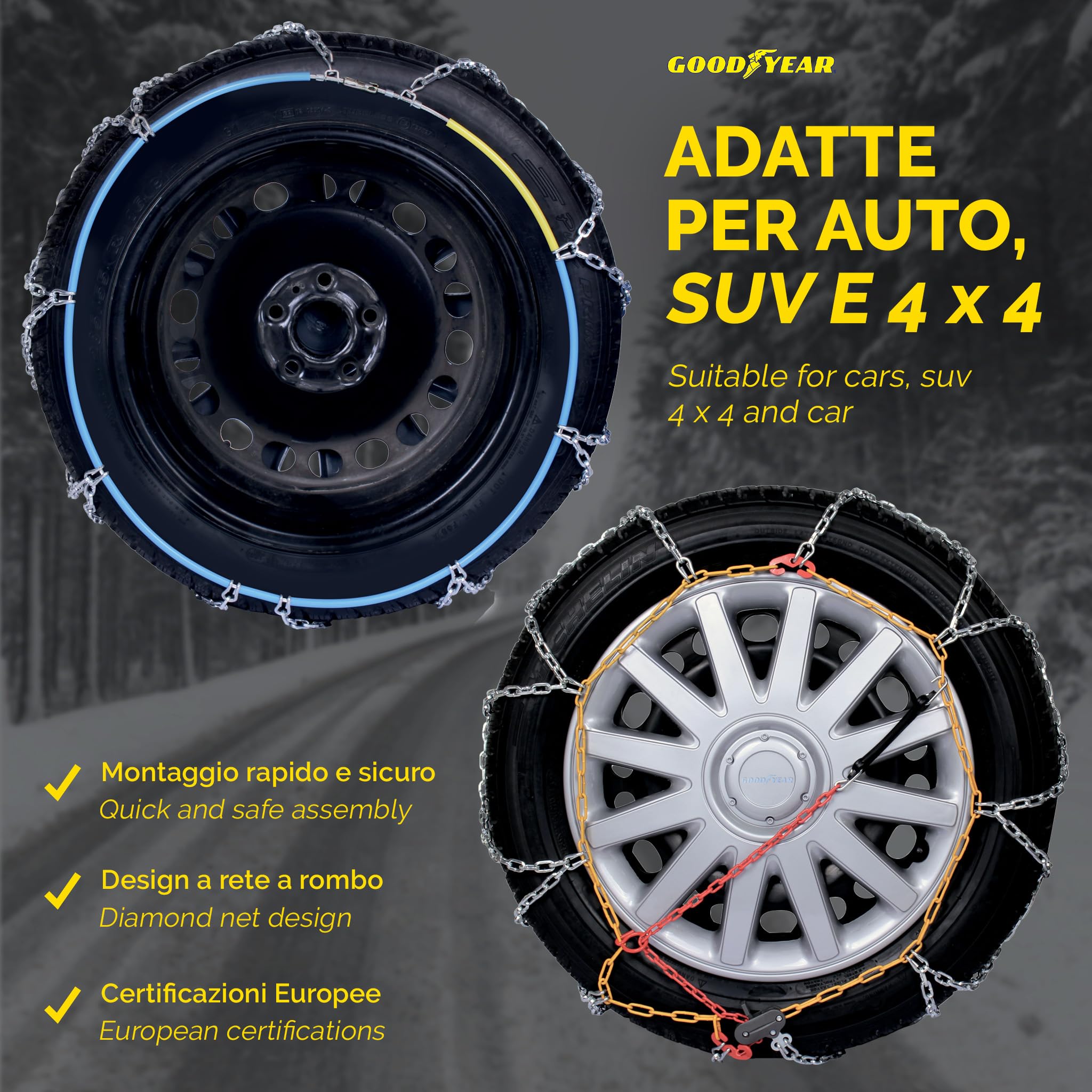 Goodyear 77937 12mm Snow Chains for Passenger Cars, SUVs, Vans, Motorhomes & 4x4 - TUV & ONORM Approved (Size 250) - Winter Traction for Snowy Roads & Mountain Driving