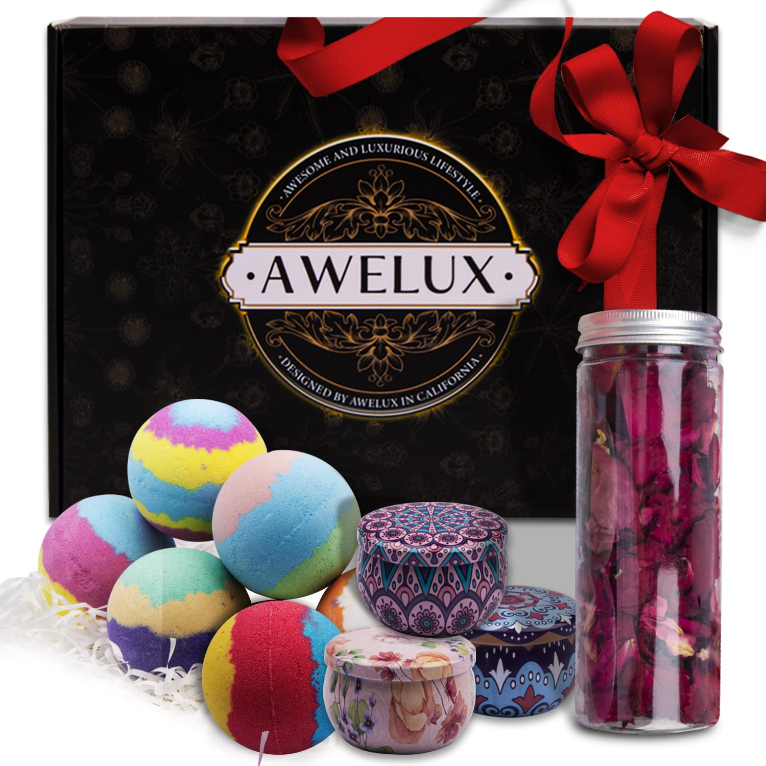 Organic Bath Bomb Kit with Scented Candles & Rose Petals - Cocoa & Shea Butter Moisturizing for Dry Skin, Relaxing Gift Set for Women (6 Bath Bombs + 3 Candles + 1 Petal) - Perfect for Spa Nights, Self-Care Routines & Romantic Gifts
