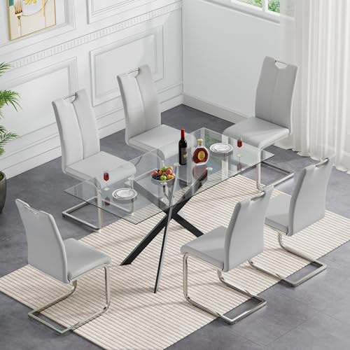 Clear Table With 6 Grey Silver Chairs