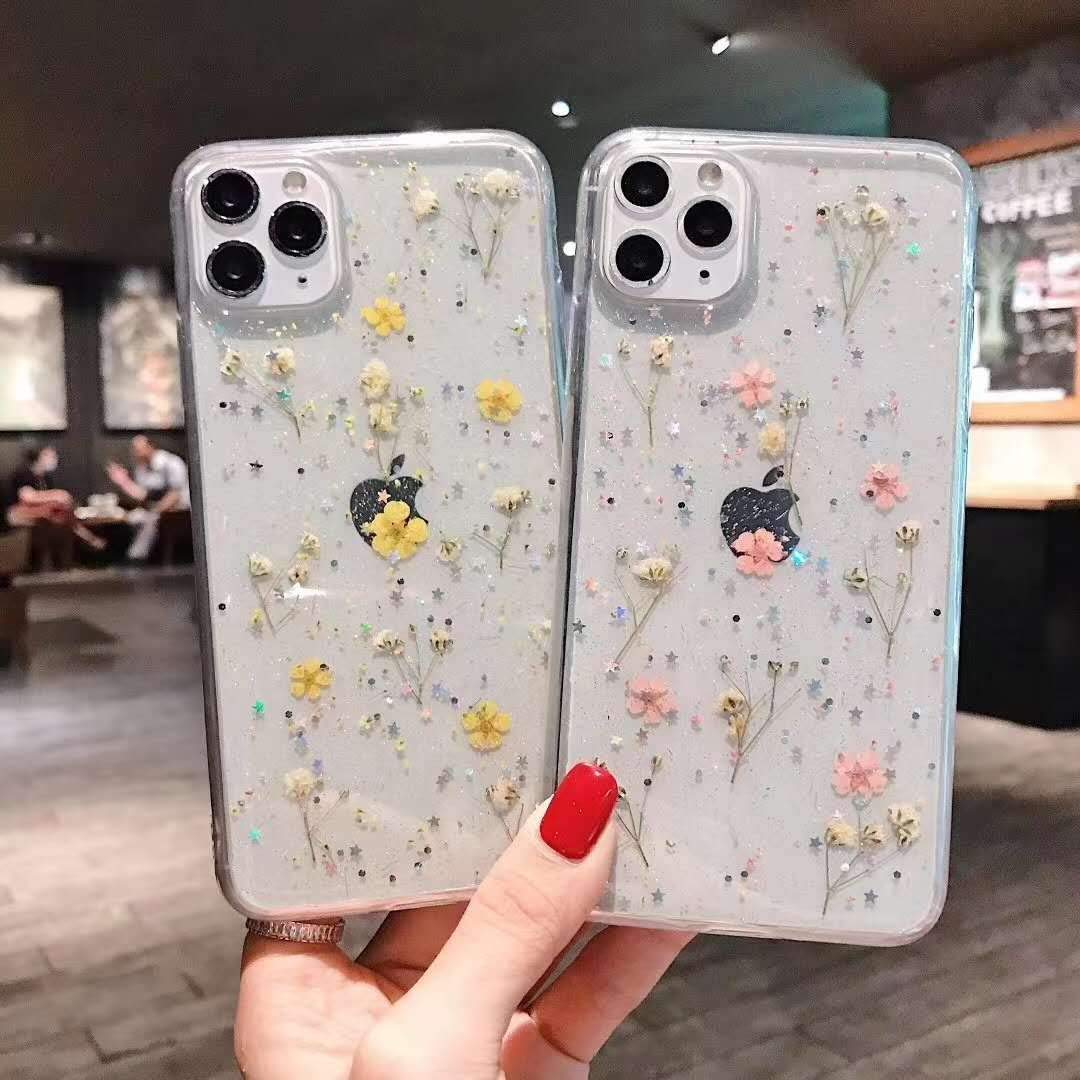 YTanazing Real Flower Glitter Floral iPhone 12 Pro Max Case - Slim Shockproof Flexible Clear TPU Back Cover for 6.7 inch (Yellow Flowers) | Perfect for Daily Use, Gift Giving & Spring Fashion