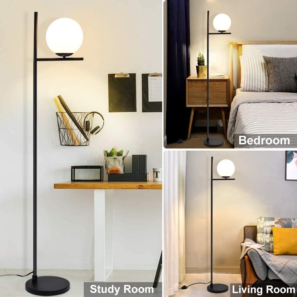Modern LED Sphere Floor Lamp - 9W Frosted Glass Globe Standing Light for Bedroom, Living Room & Office - Energy Saving Mid Century Tall Pole Accent Lighting - Black - Perfect for Reading, Relaxing & Home Decor