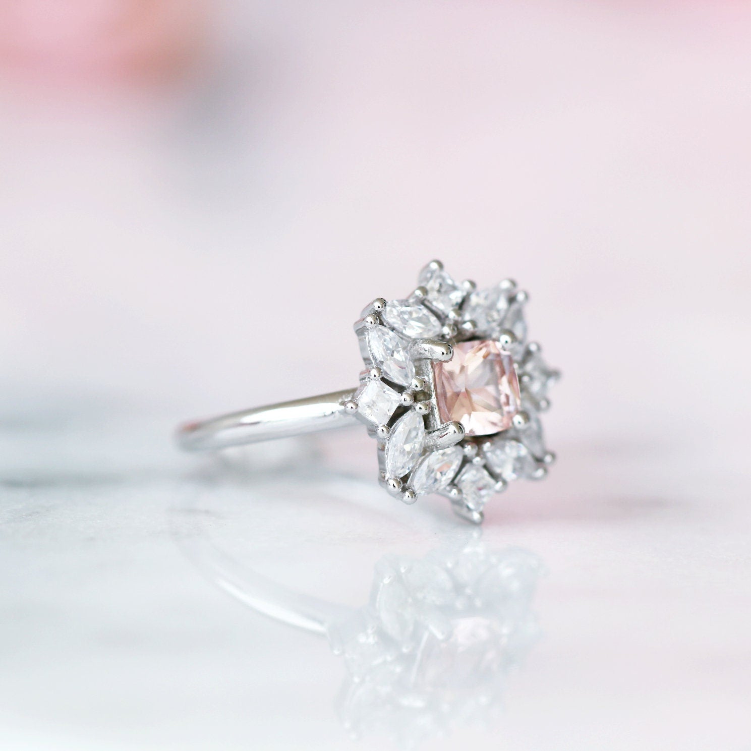 Magnolia Morganite Ring - Sterling Silver Rose Gold Plated, Dainty Floral Engagement Ring for Women, Perfect for Wedding, Anniversary & Valentine's Day Gifts