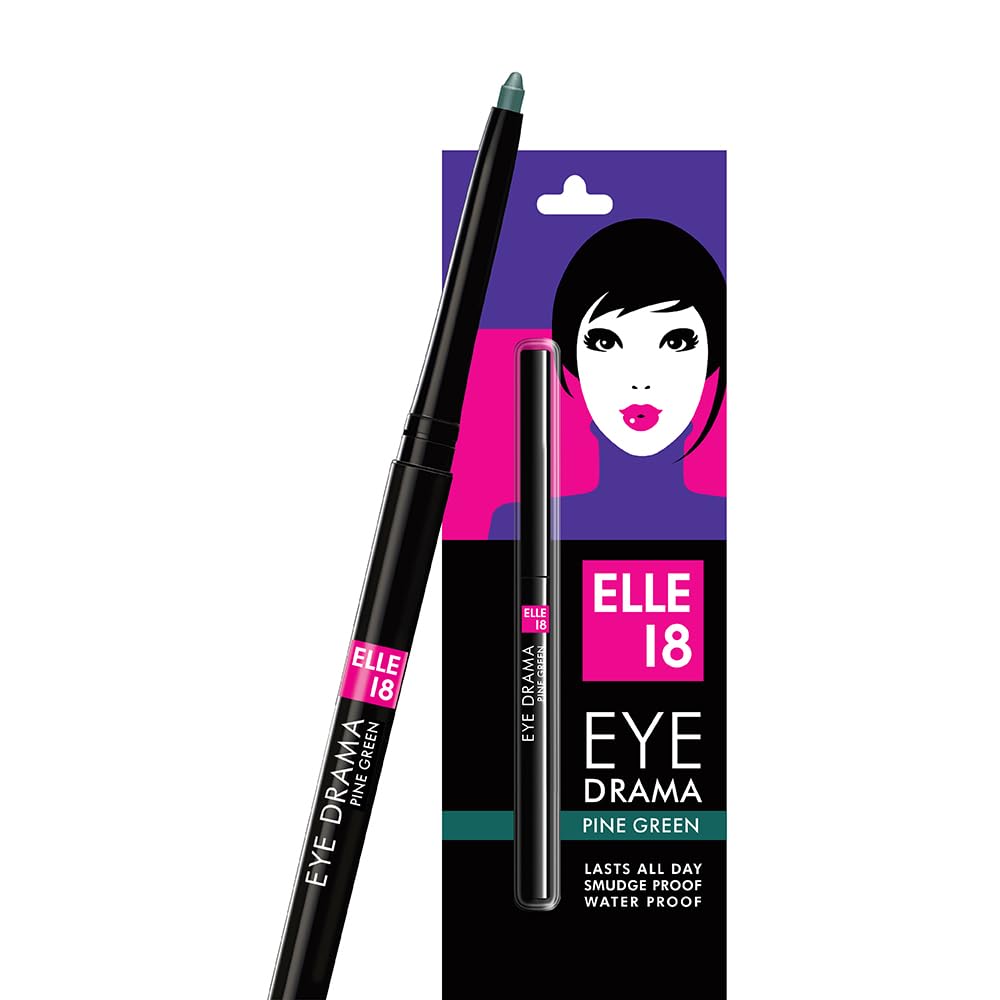 Elle 18 Eyedrama Glossy Kajal Eyeliner Pencil - Pine Green | Long-Lasting & Smudge-Proof | Perfect for Everyday Makeup & Party Looks