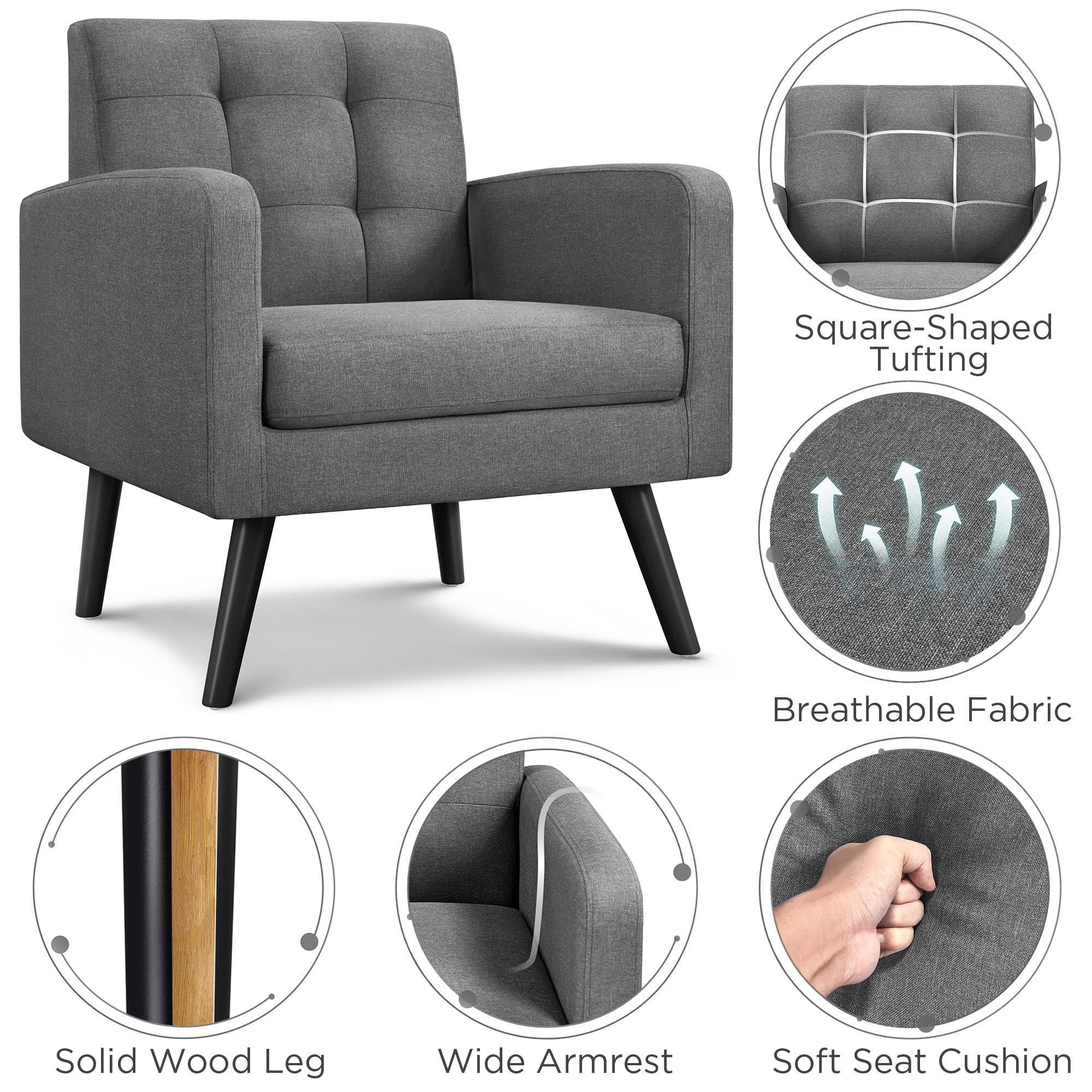 Yaheetech Mid-Century Modern Accent Chairs Set of 2 - Gray Upholstered Living Room Armchairs with Button Tufted Back & Wooden Legs - Cozy Lounge Chairs for Bedroom, Office, Cafe & Reading Nook