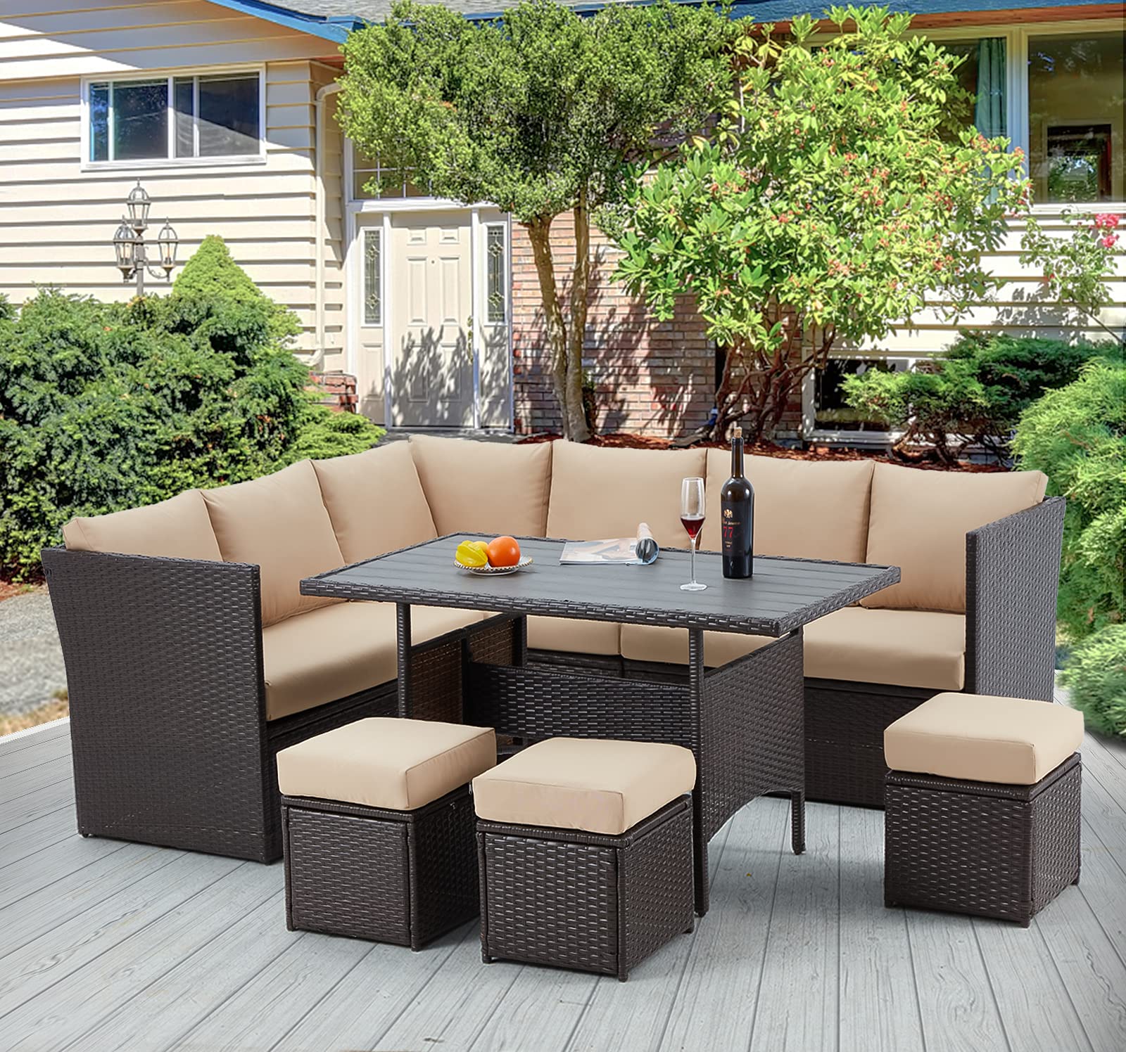 U-MAX 7-Piece Brown Rattan Outdoor Patio Furniture Set with Table, Chairs & Tan Cushions - All-Weather Wicker Sectional Sofa Set for Backyard, Garden, Poolside or Balcony Relaxation