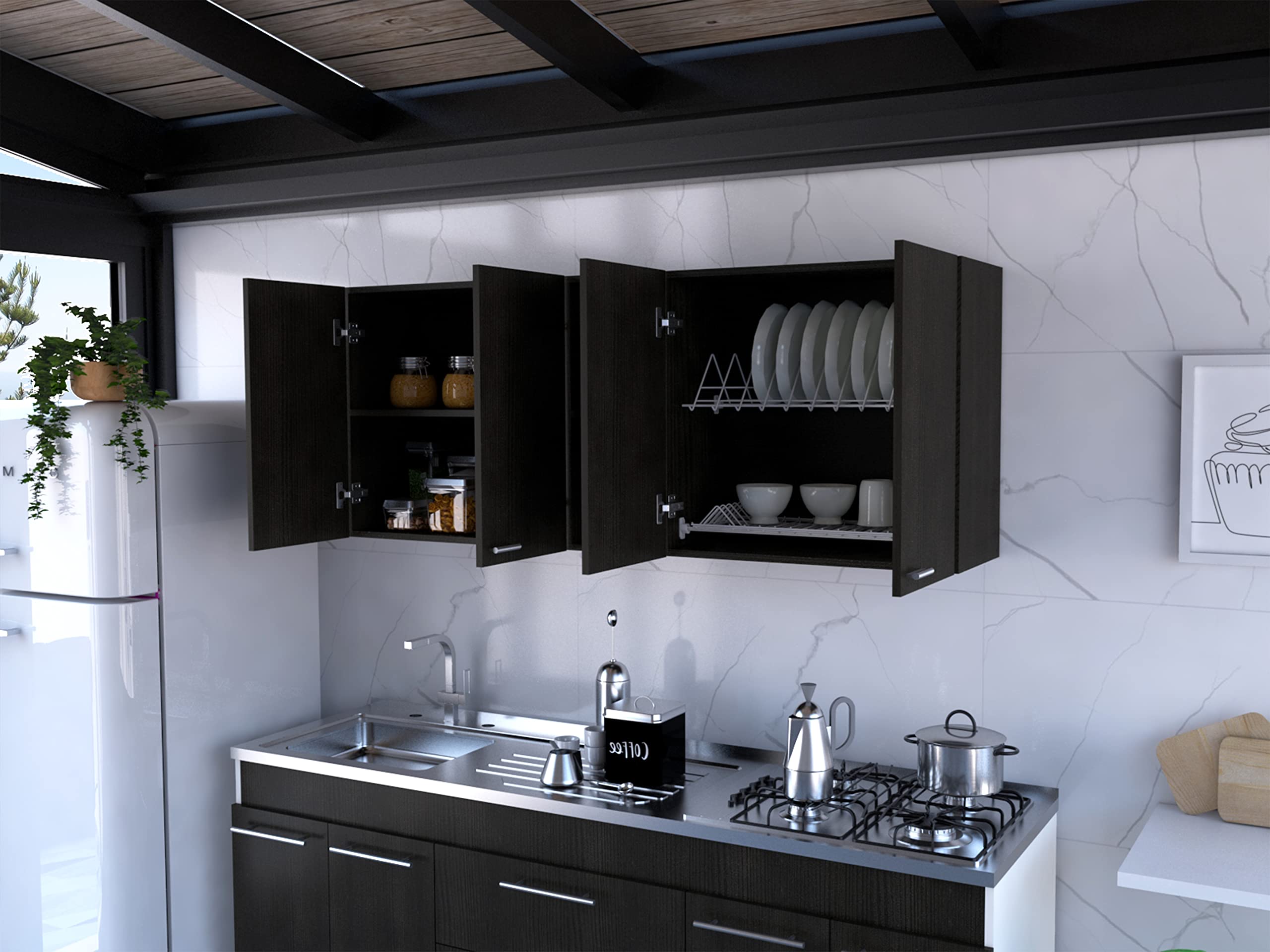 Olimpo 150 Wall Cabinet with 4 Doors, 2 Open Shelves & 2 Internal Shelves - Dish & Glass Organizer - 24