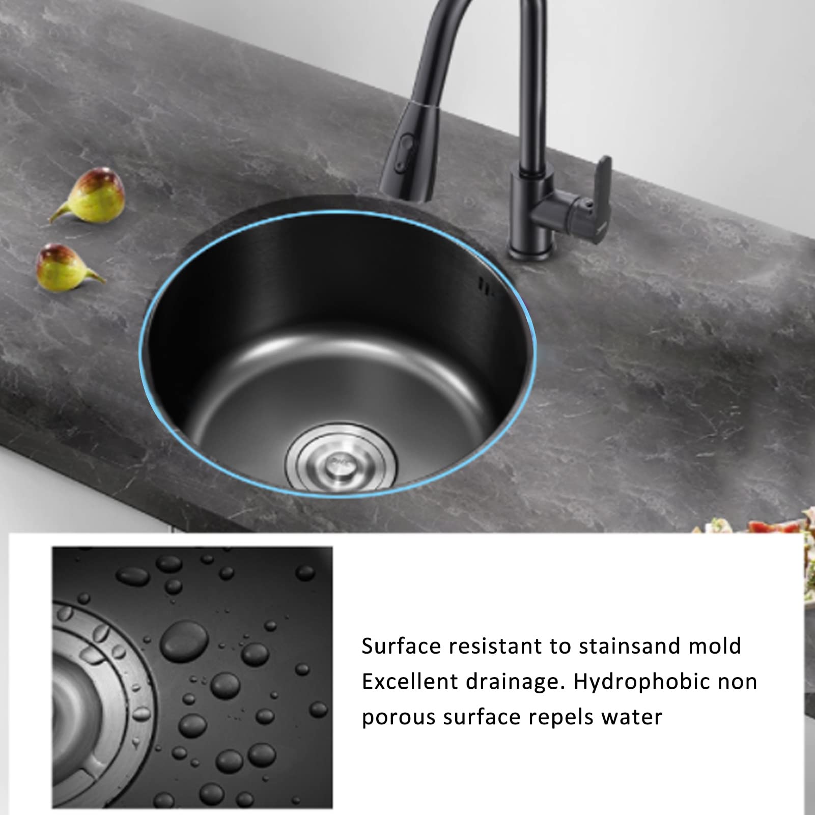 Mini Round Stainless Steel Kitchen Sink Bar - Single Bowl with Drain Accessories | Nano Black Multifunctional Sink for Home | Perfect for Small Kitchens, RV Bars & Compact Spaces