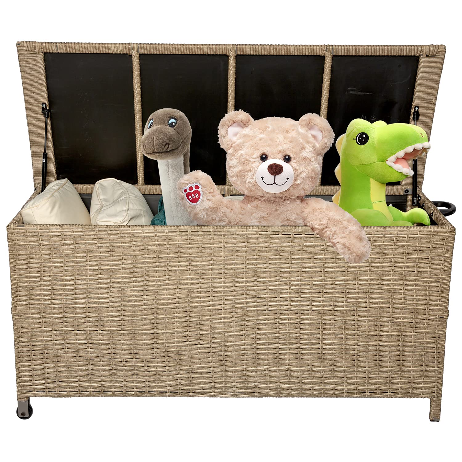 120 Gallon Waterproof Outdoor Storage Box with Wheels & Handrails - Large Rattan Deck Box for Garden Pillows, Patio Cushions, Pool Toys - Perfect for Backyard, Patio & Poolside Storage (Khaki)