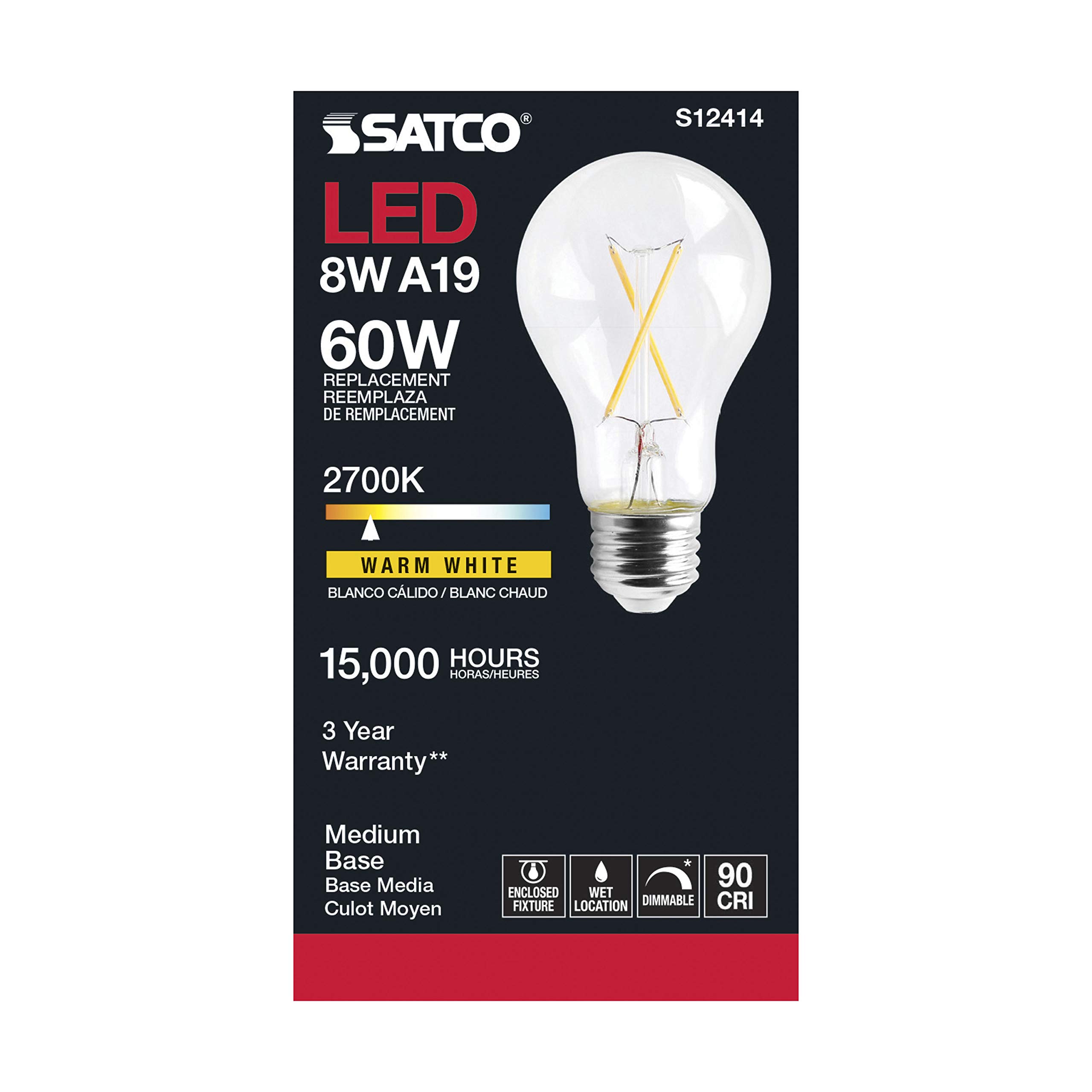 Satco S12414 Dimmable LED Filament Light Bulbs - 8W A19, 2700K Warm White, 90 CRI, 120V - High Lumen Energy Efficient Clear Glass Bulb with Medium Base - Perfect for Home, Hotel, Retail & Office Lighting (Pack of 24)