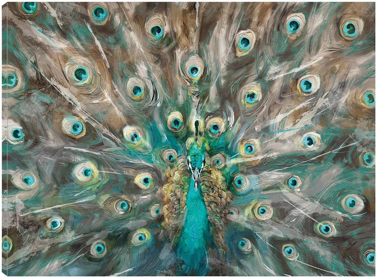 Hand-Painted Peacock Colors Canvas Wall Art - Vibrant Fine Art Decor for Living Room, Bedroom, Office & More - 43x32 Inch Stretched Canvas - Ready to Hang - Perfect for Home Decor, Wedding Gifts & Interior Design