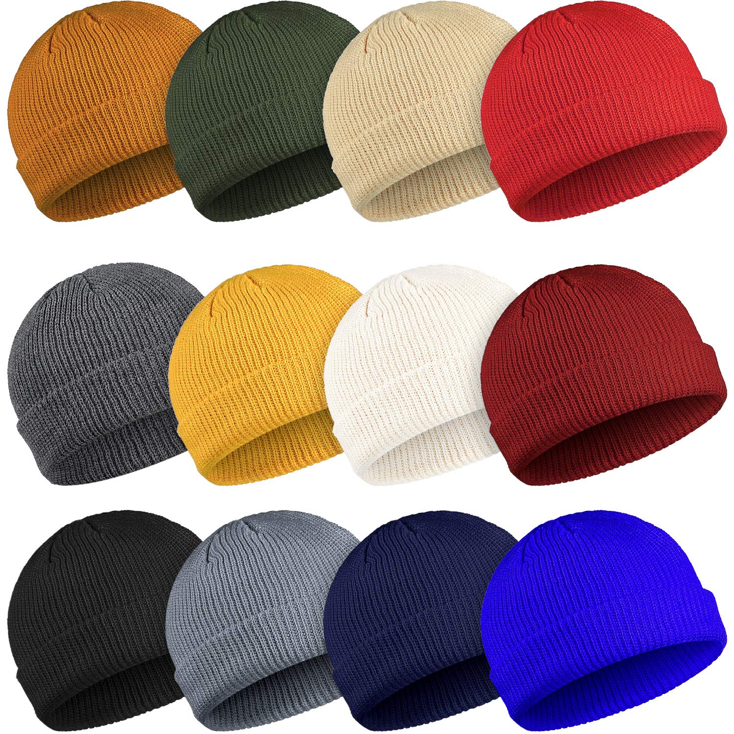 Geyoga 12 Pack Unisex Knit Beanie Hats - Roll-Up Edge Skull Cap for Men & Women - Warm Winter Fisherman Hat for Outdoor Activities, Hiking, and Casual Wear