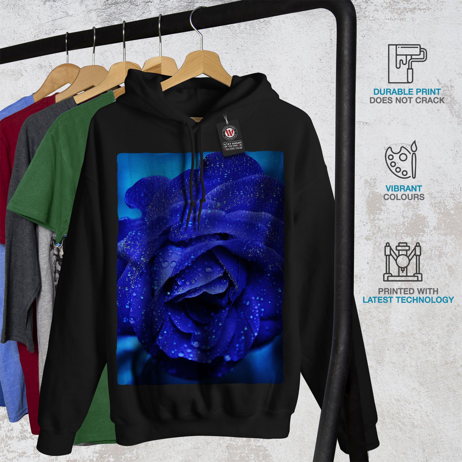 Wellcoda Blue Rose Men's Hoodie - Stylish Earth Tone Hooded Sweatshirt for Casual Wear, Street Fashion & Outdoor Activities