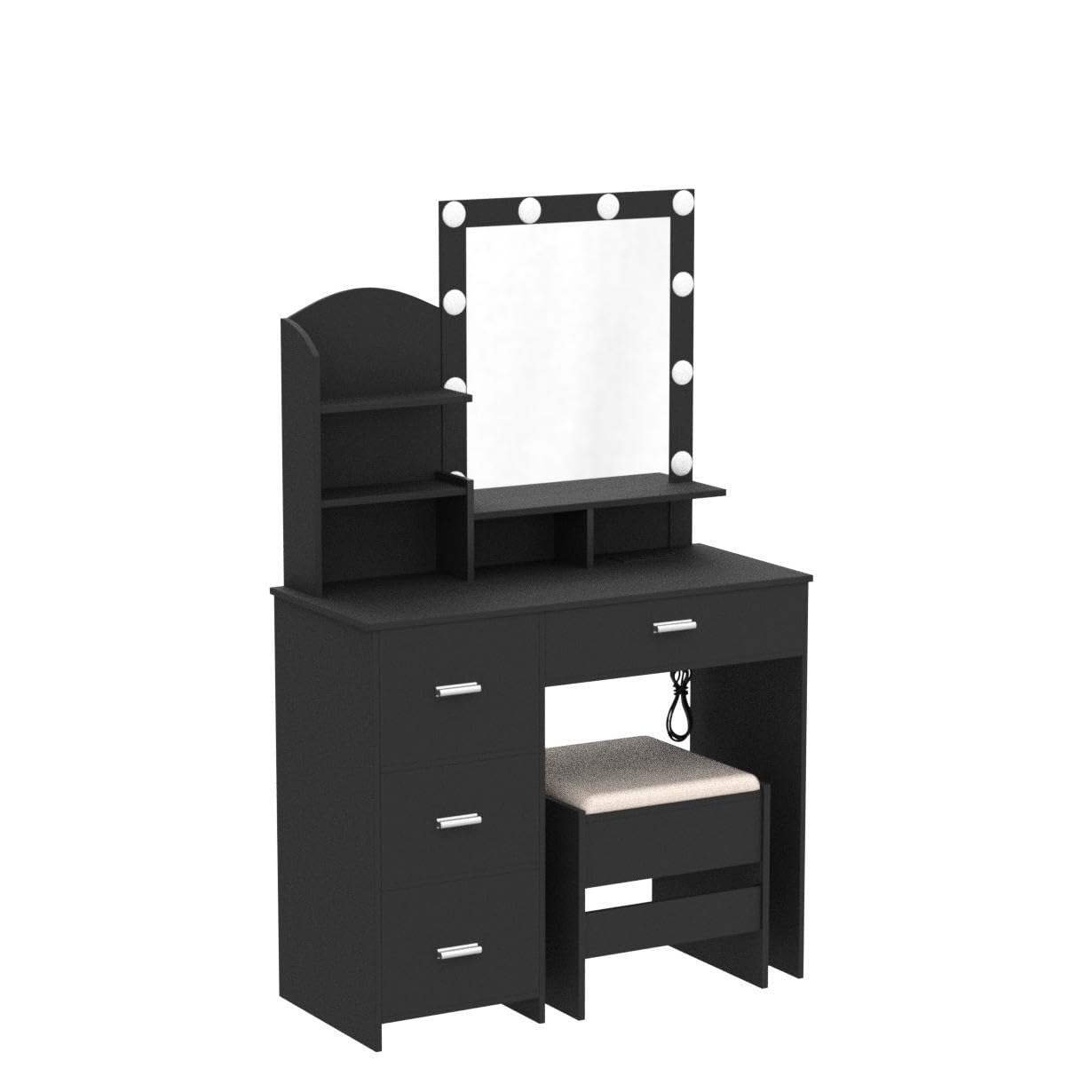 Quimoo Vanity Desk with Mirror & 10 LED Lights - Makeup Vanity Set with Charging Station, 4 Drawers & Shelves - Vanity Table with Cushioned Stool for Bedroom, Black - Perfect for Makeup Application, Skincare Routine & Home Decor