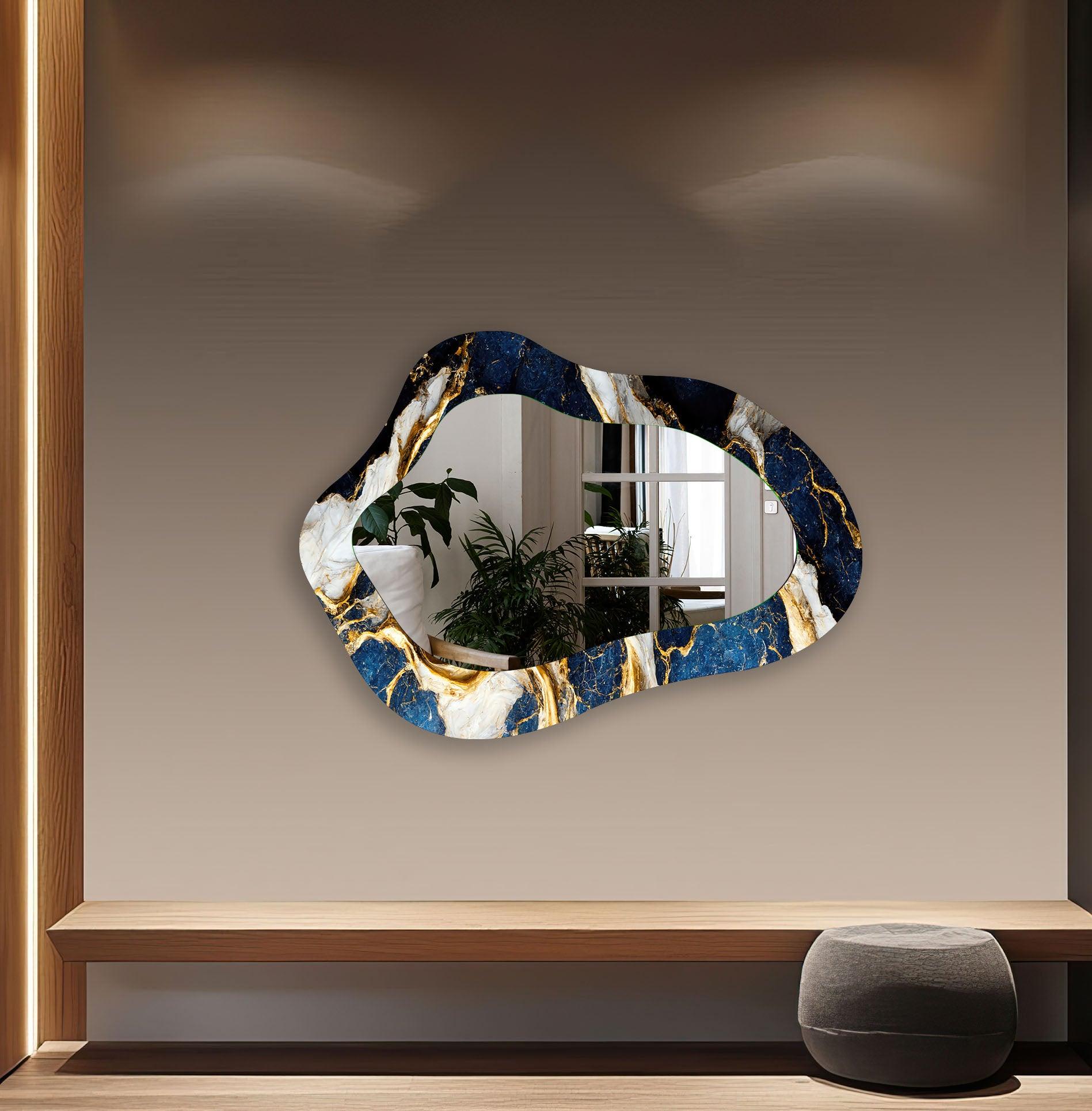Blue & Gold Marble Bathroom Wall Mirror - Elegant Vanity Mirror for Makeup & Shaving - Perfect for Modern Bathroom Decor & Bedroom Vanity