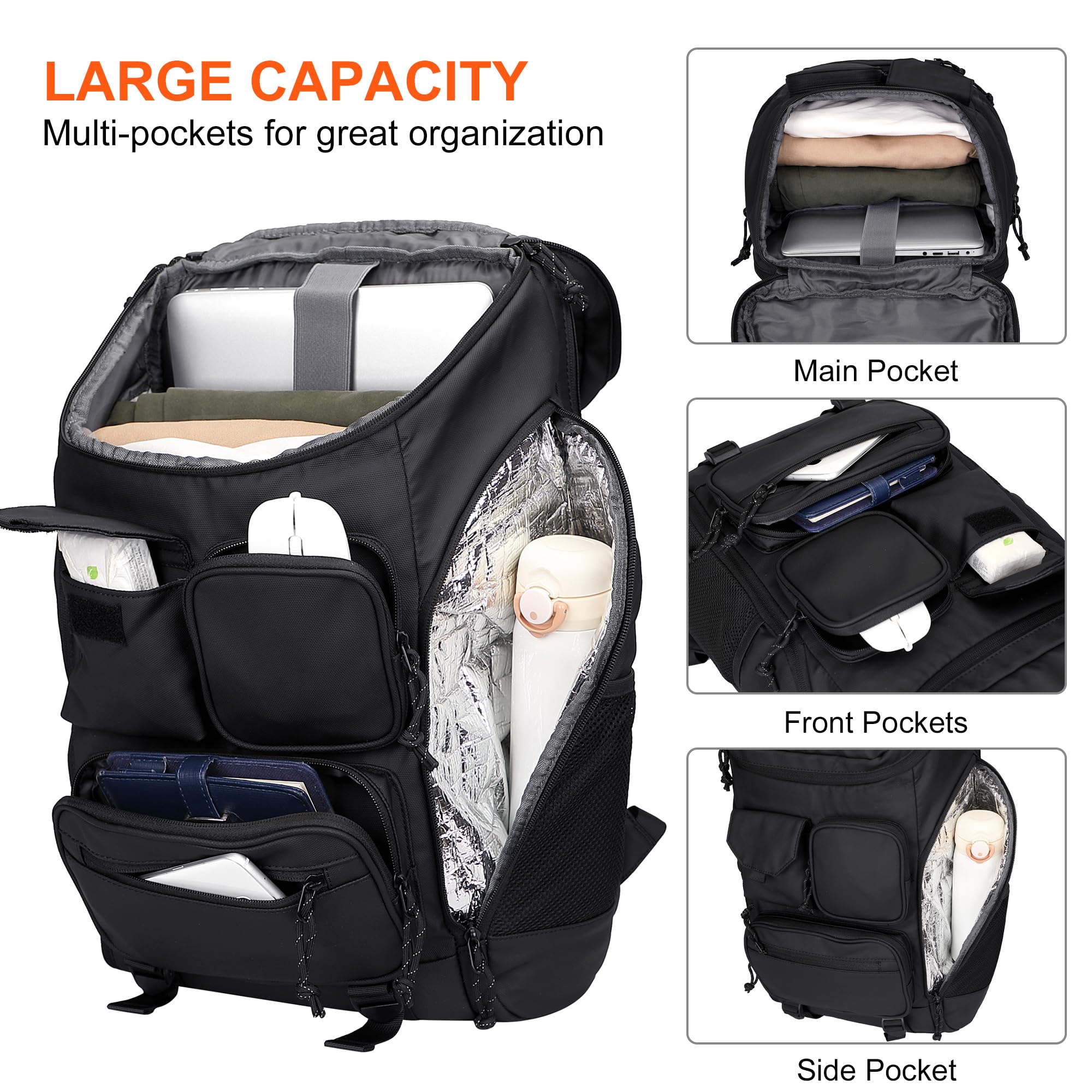 PIJUSHI Large Travel Laptop Backpack for Men & Women - Waterproof Carry On Backpack with Shoe Compartment & USB Charging Port - Perfect for Business Travel, Gym, Hiking & College (PE030 Black)