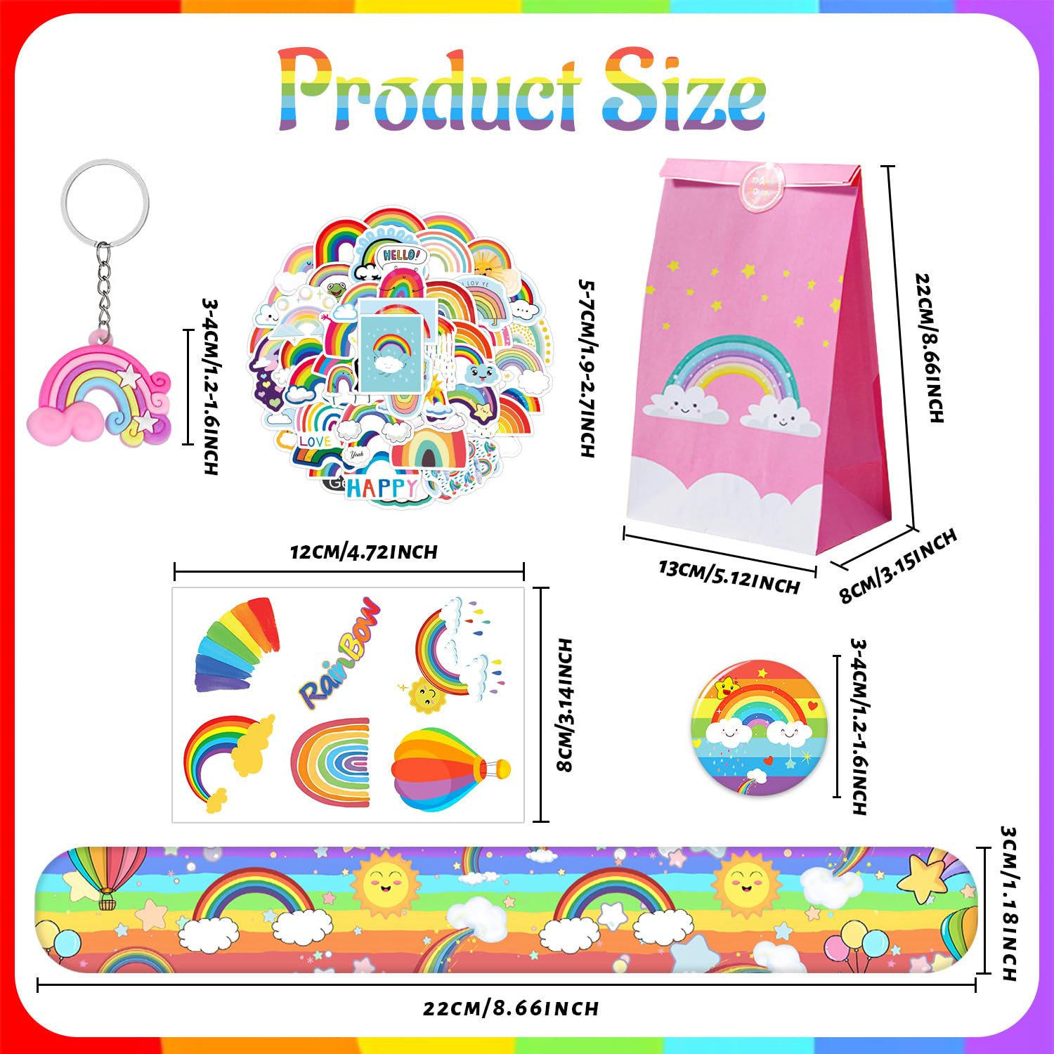 110-Piece Rainbow Party Favors Set - Slap Bracelets, Button Pins, Stickers, Temporary Tattoos & Key Chains - Perfect for Kids Birthday Parties, Baby Showers & Unicorn Themed Celebrations - Includes Gift Bags & Decorations for Boys & Girls