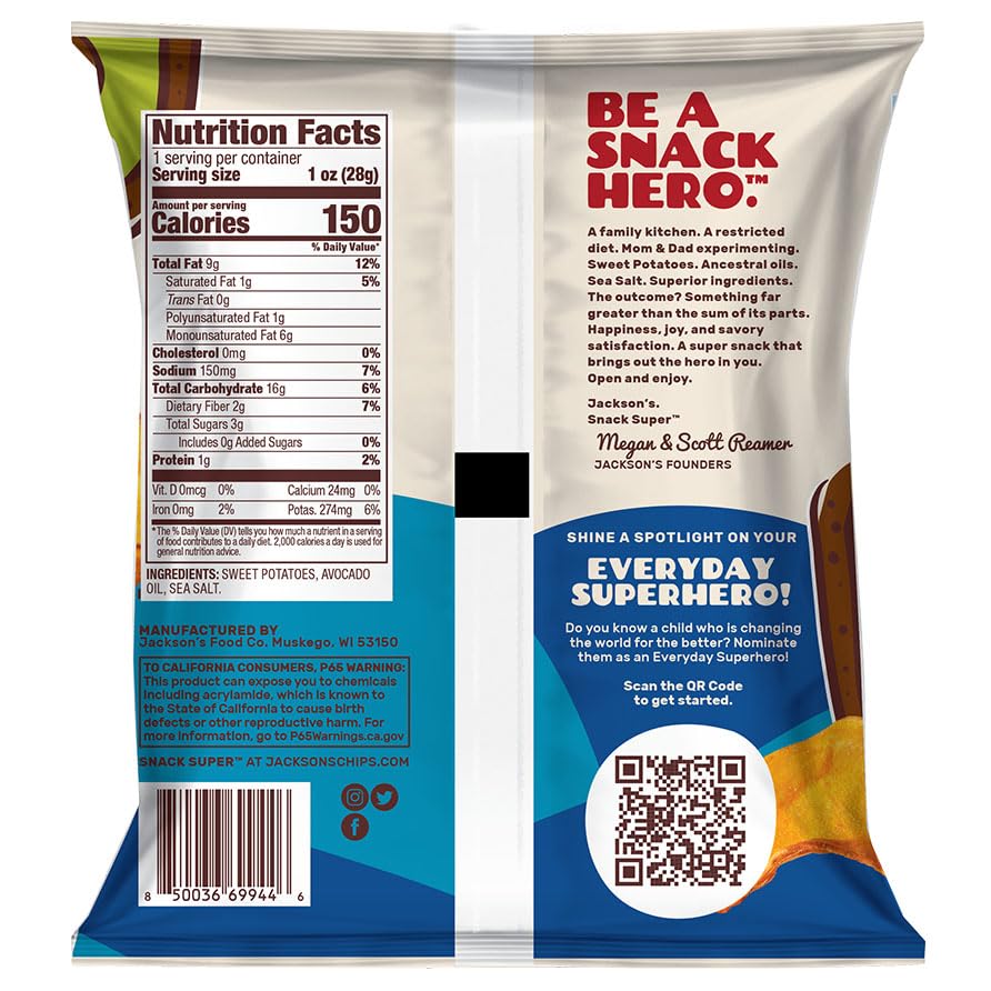 Jackson’s Sweet Potato Kettle Chips with Sea Salt - Made with Premium Avocado Oil (1 oz, Pack of 15) | Allergen-Friendly, Gluten Free, Peanut Free, Vegan & Paleo Certified | Healthy Snacks for Parties, School Lunches & On-The-Go | Shark Tank Featured Product
