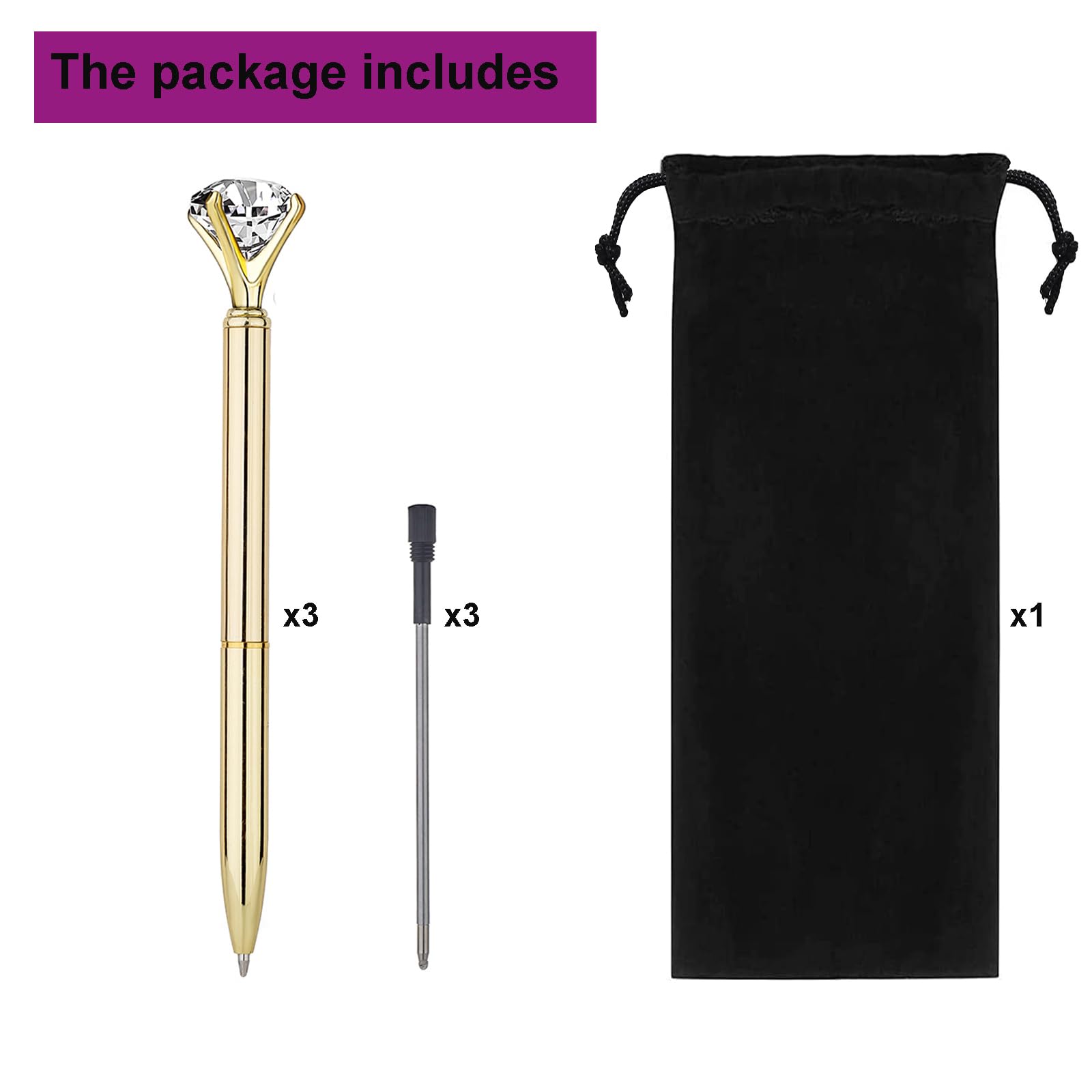 Luxury Diamond Ballpoint Pens for Women - Rose Gold Metal Pen with Crystal Diamonds, Elegant Wedding & Office Gift (3-Pack) - Perfect for Brides, Graduation, School, and Professional Use