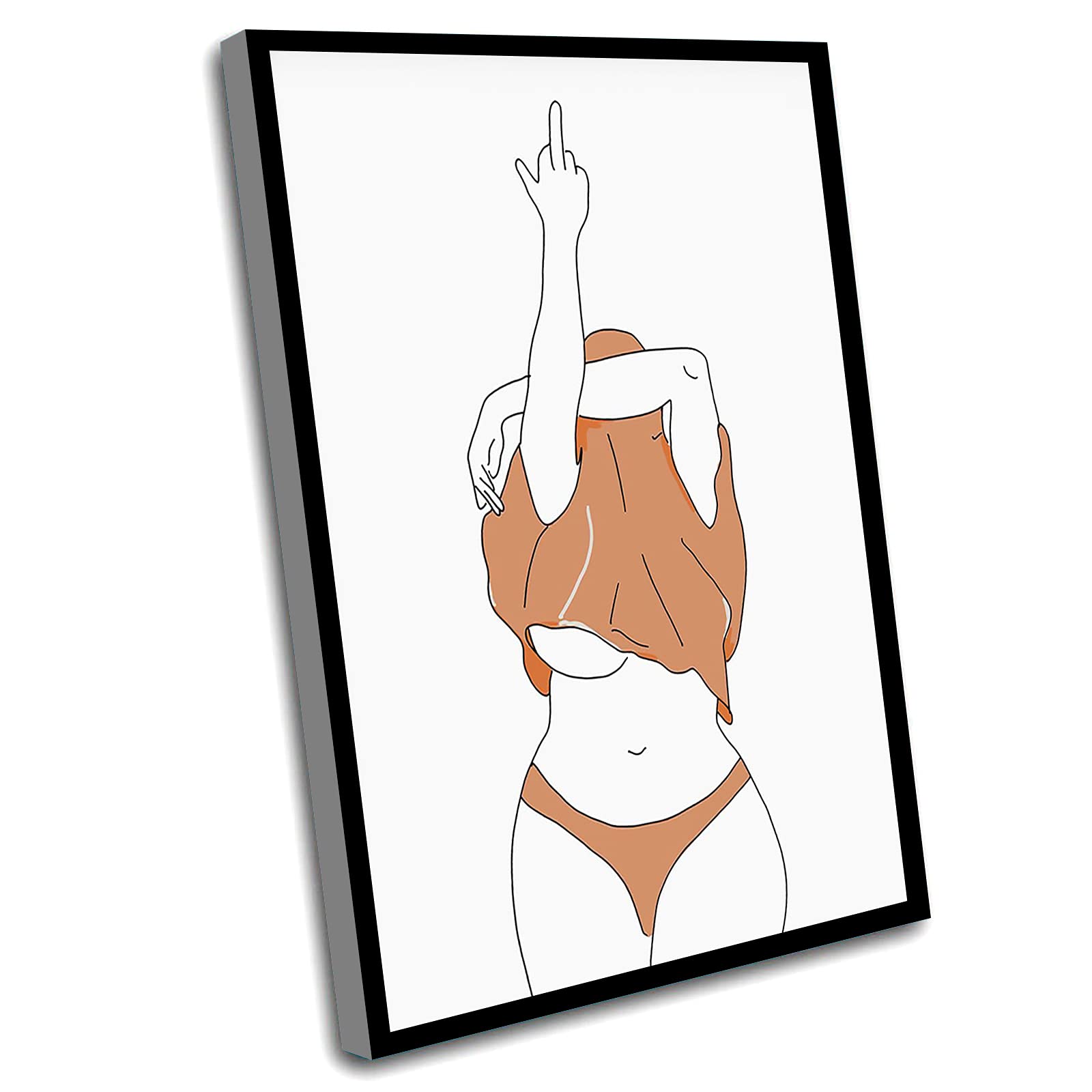 Feminist Line Art Canvas Wall Decor - 12x16 Inch Framed Nude Woman Body Art with Middle Finger Gesture, Modern Bathroom & Living Room Wall Art for Home Decor
